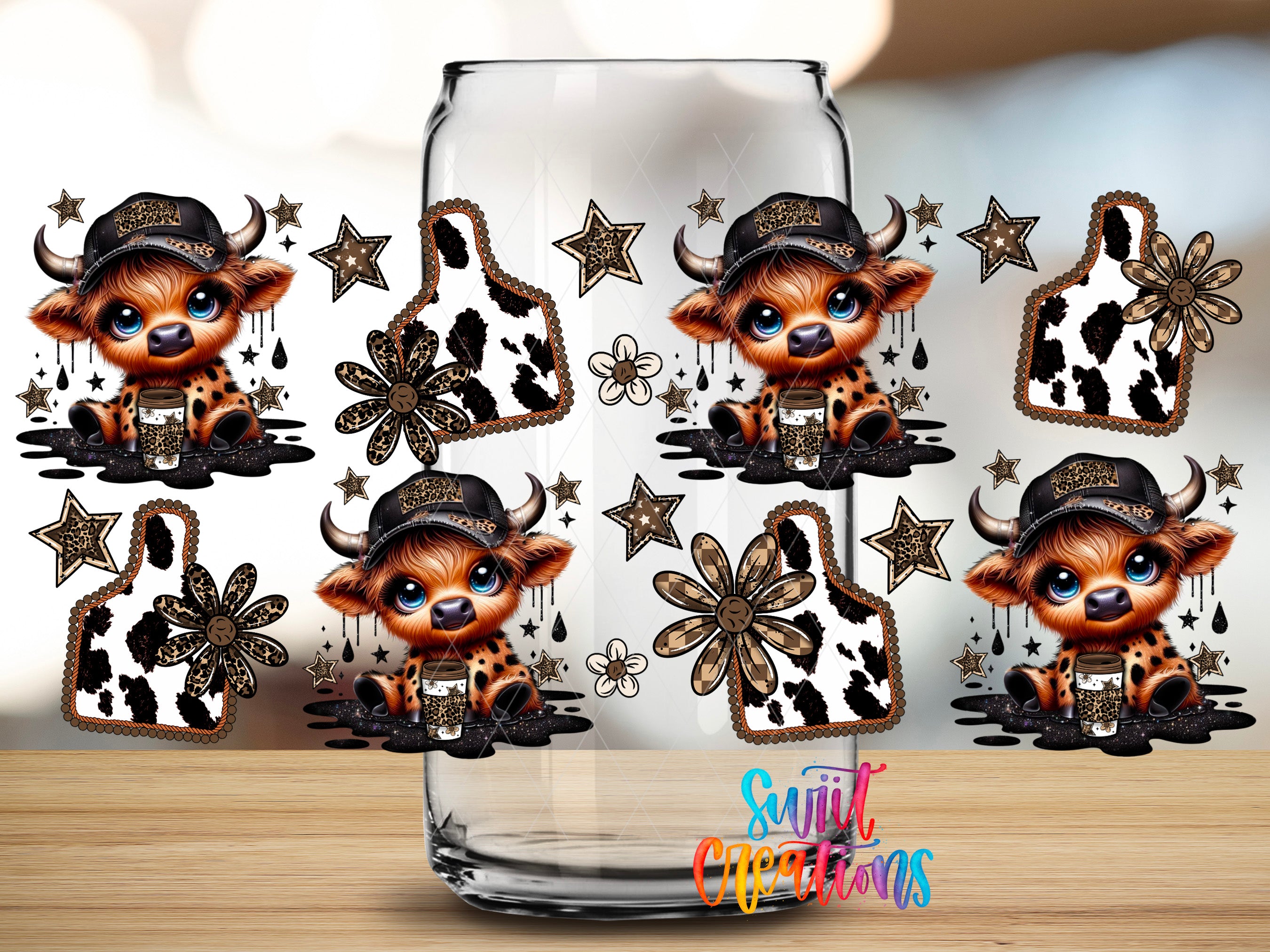 a collage of cartoon cow illustrations, each wearing a hat and surrounded by various decorative elements such as stars, flowers, and other cow-themed designs.
