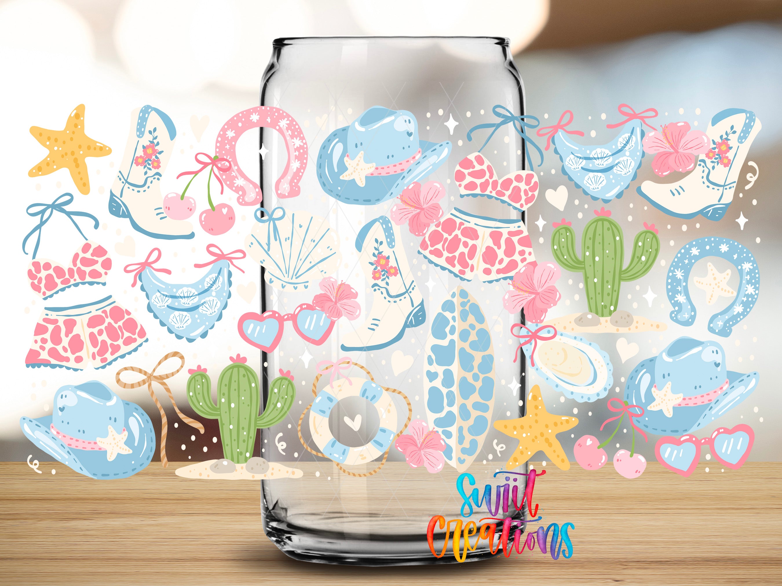 a glass jar filled with various colorful and whimsical illustrations, including a star, cowboy hat, cactus, and other playful objects.