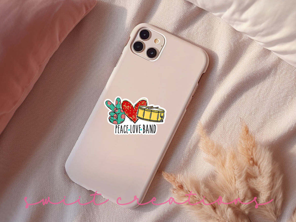 Peace Love Band sticker on a pink phone case