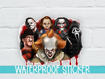 Horror Movie Villains sticker on a white brick background with a waterproof sticker banner