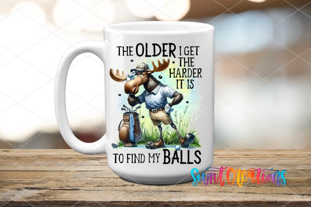 a white coffee mug with an image of a moose playing golf