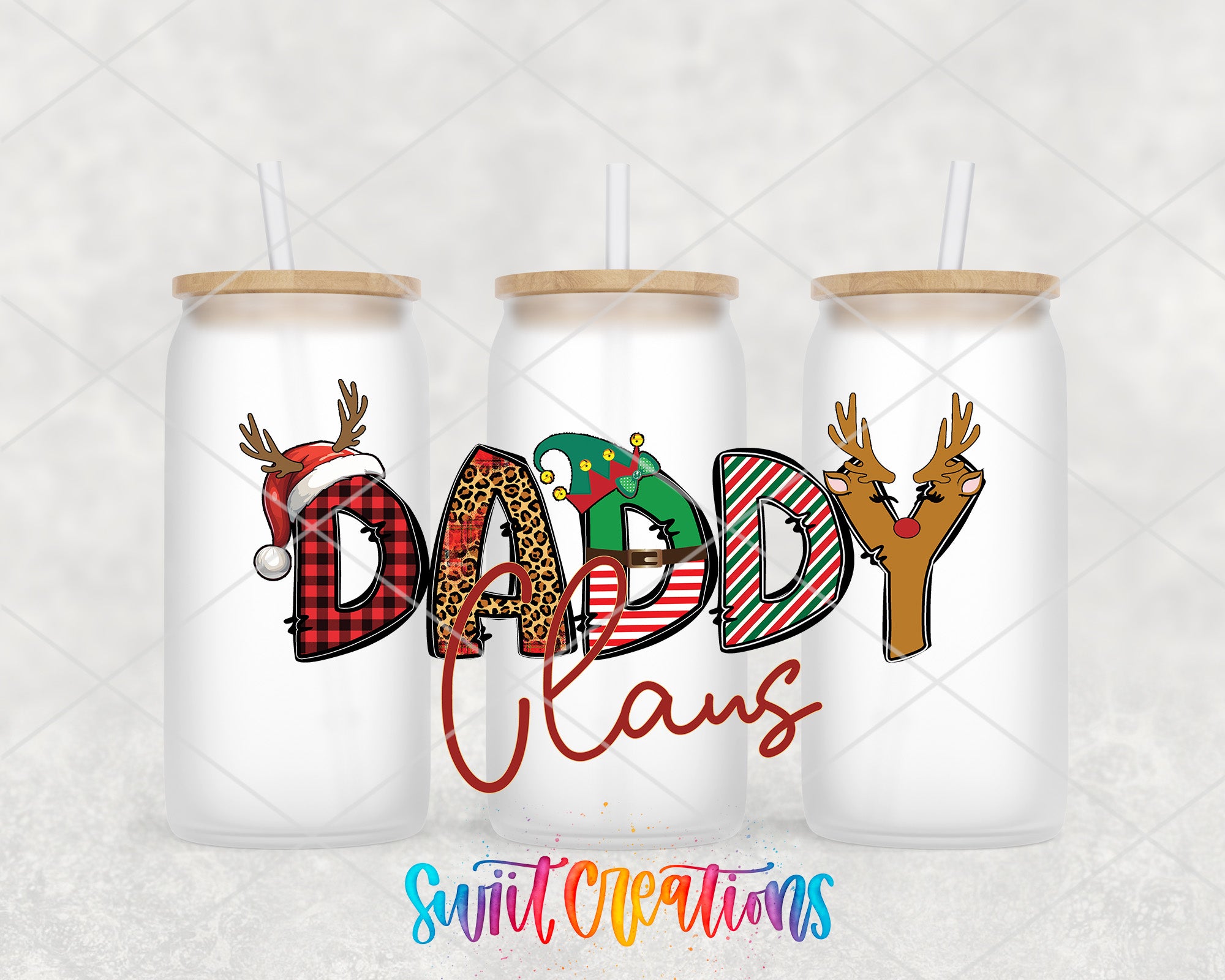 a couple of white mason jars with christmas decorations on them