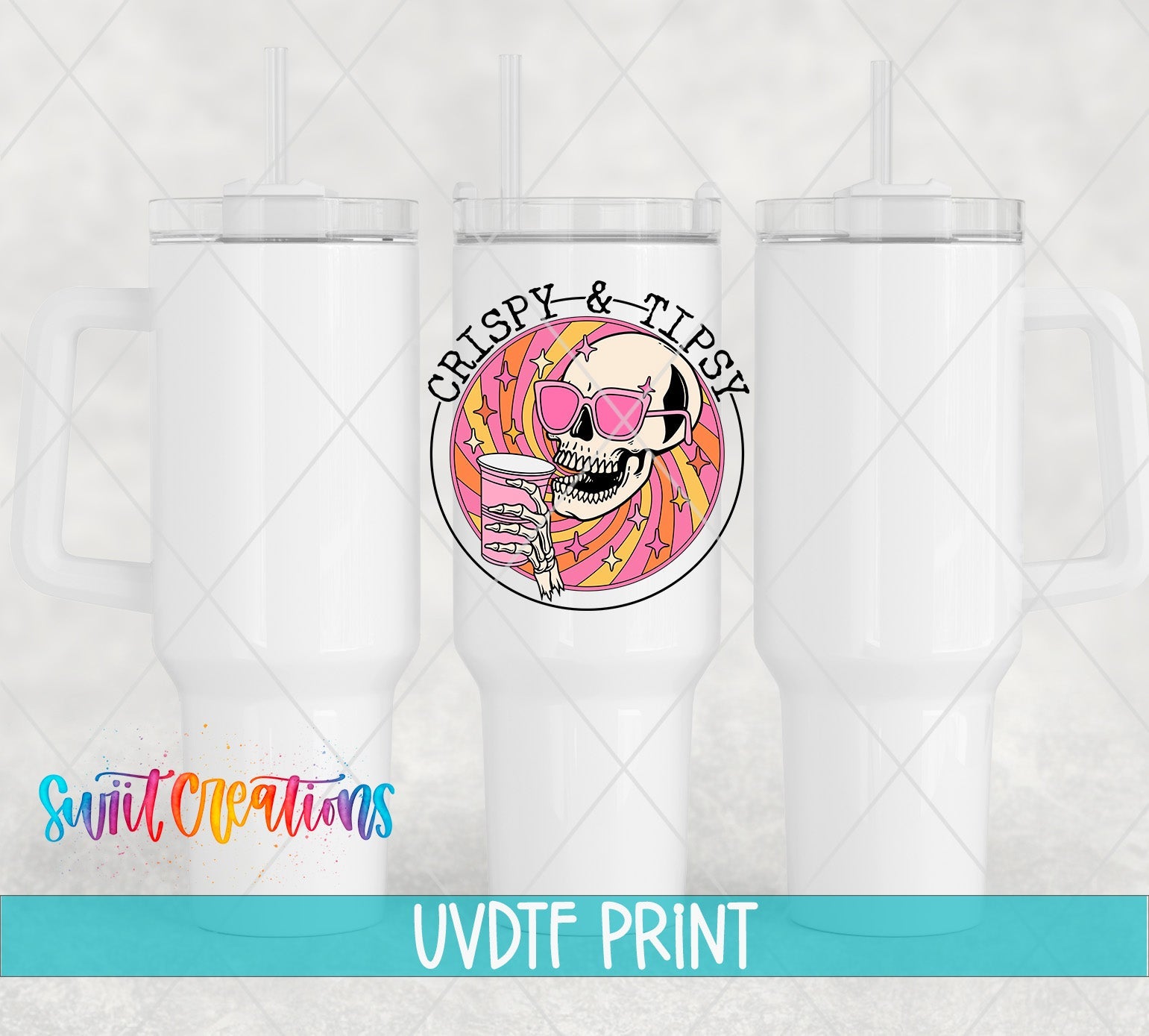 three white tumblers with a skull on them