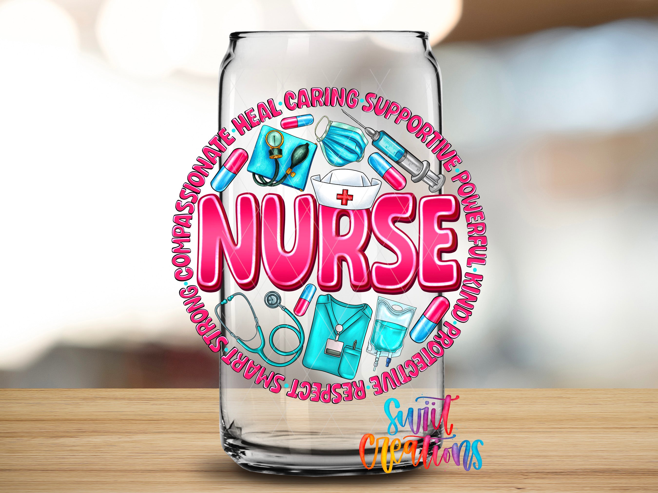 a glass can with the word "NURSE" written on it, surrounded by various medical and healthcare-related items such as a stethoscope, syringes, and pills.