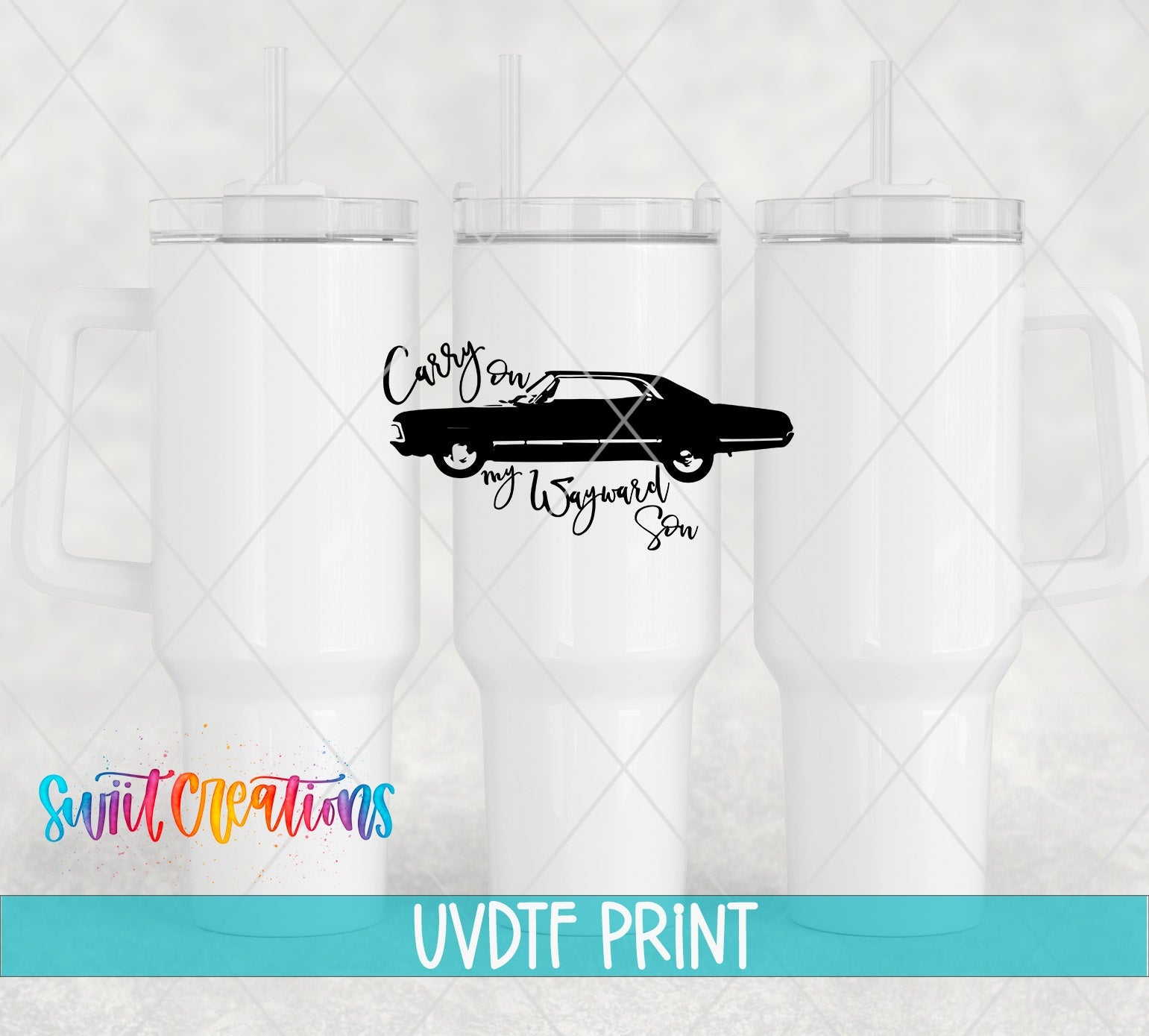 three white tumblers with a black car on them