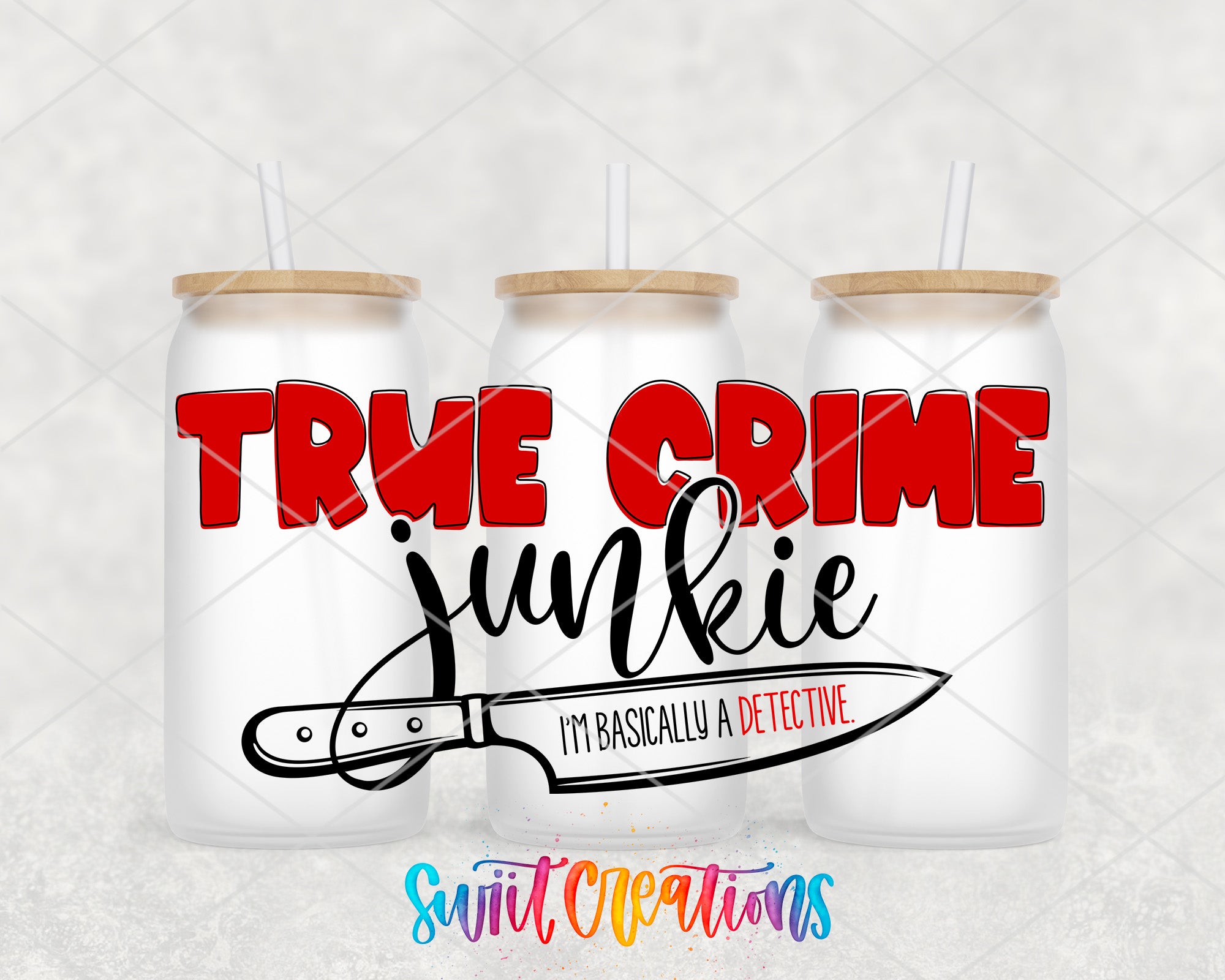 two white mason jars with straw tops and the words true crime junkie on them