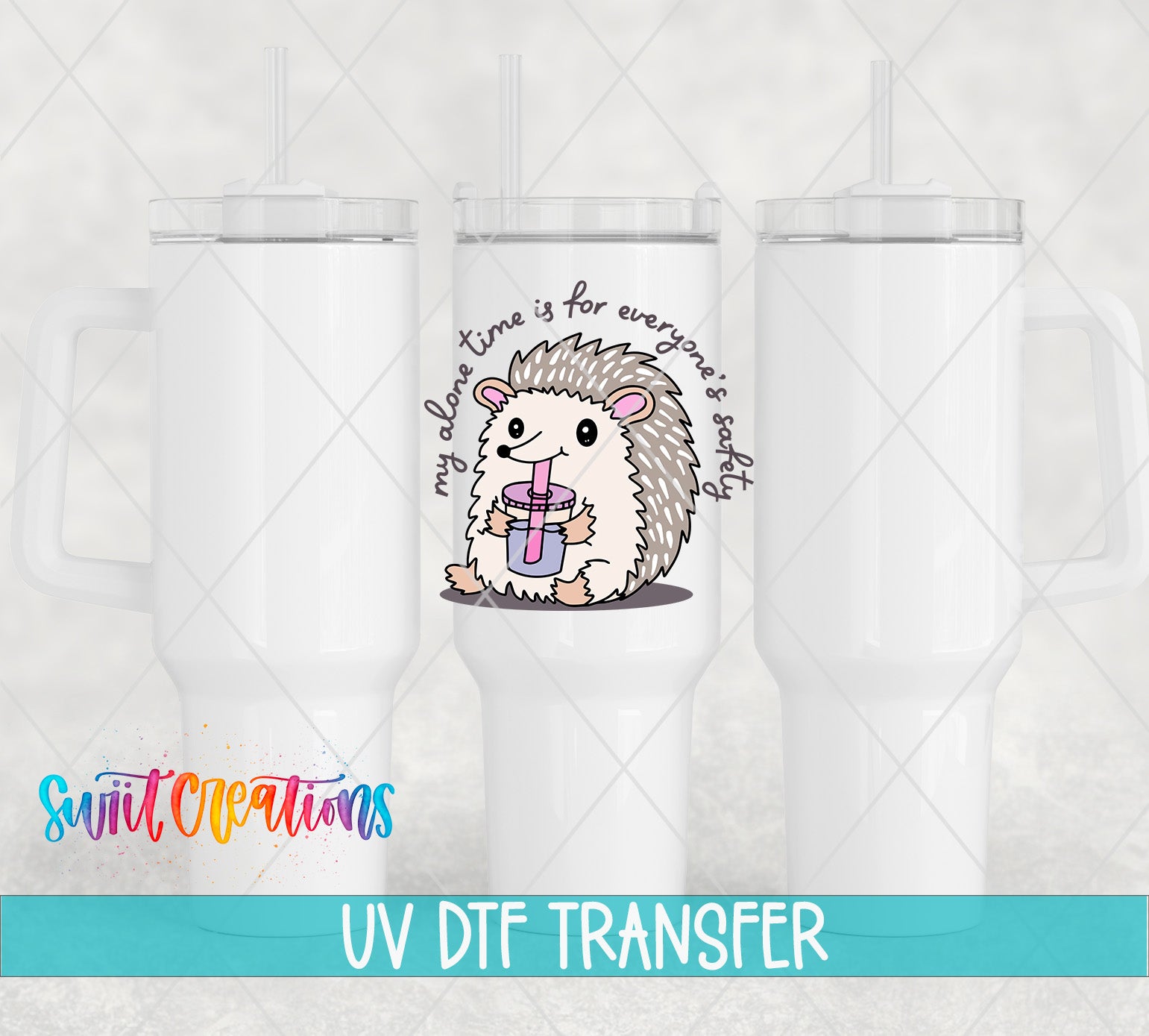 a white ceramic mug with a cute cartoon hedgehog design on it. The mug has a handle on the left side and a straw on the right side. The mug is set against a light gray background, and there is text at the bottom of the image that reads "UV DFT TRANSFER".