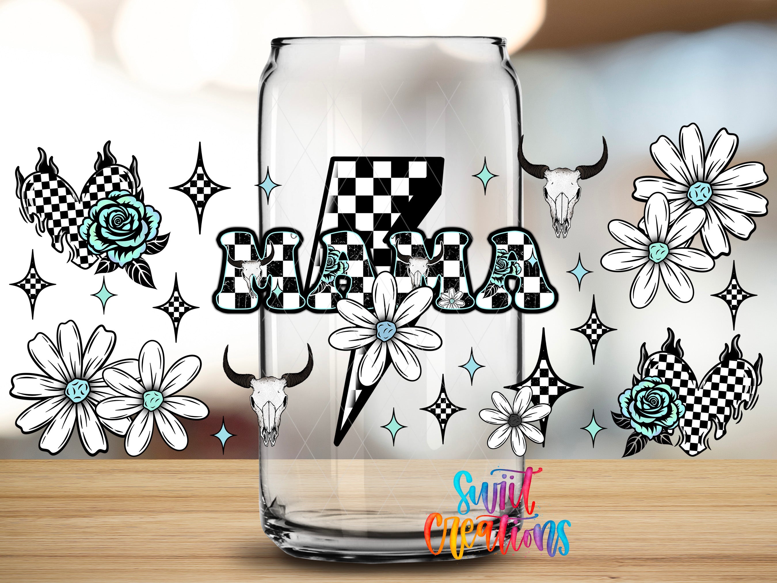A glass can with a checkered lightning bolt design and the word "Mama" printed on it, surrounded by various floral and geometric patterns.