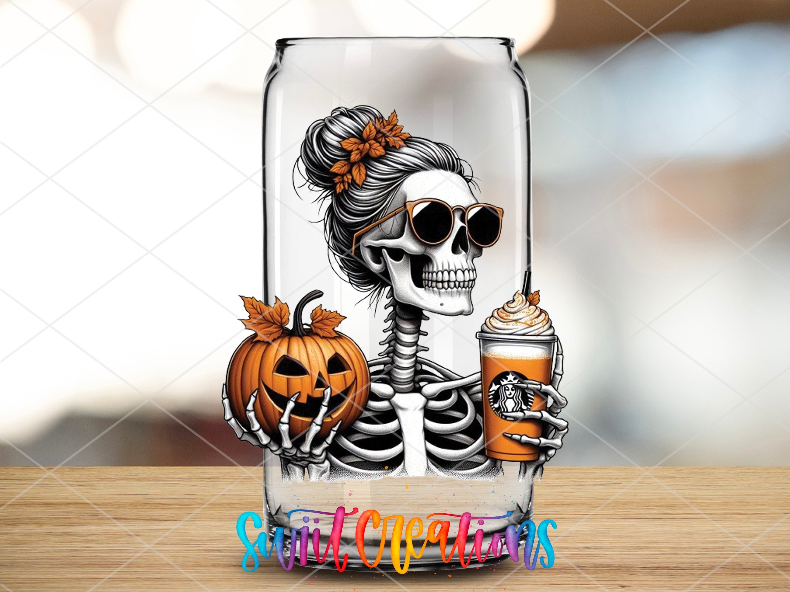 a glass with a skeleton holding a drink