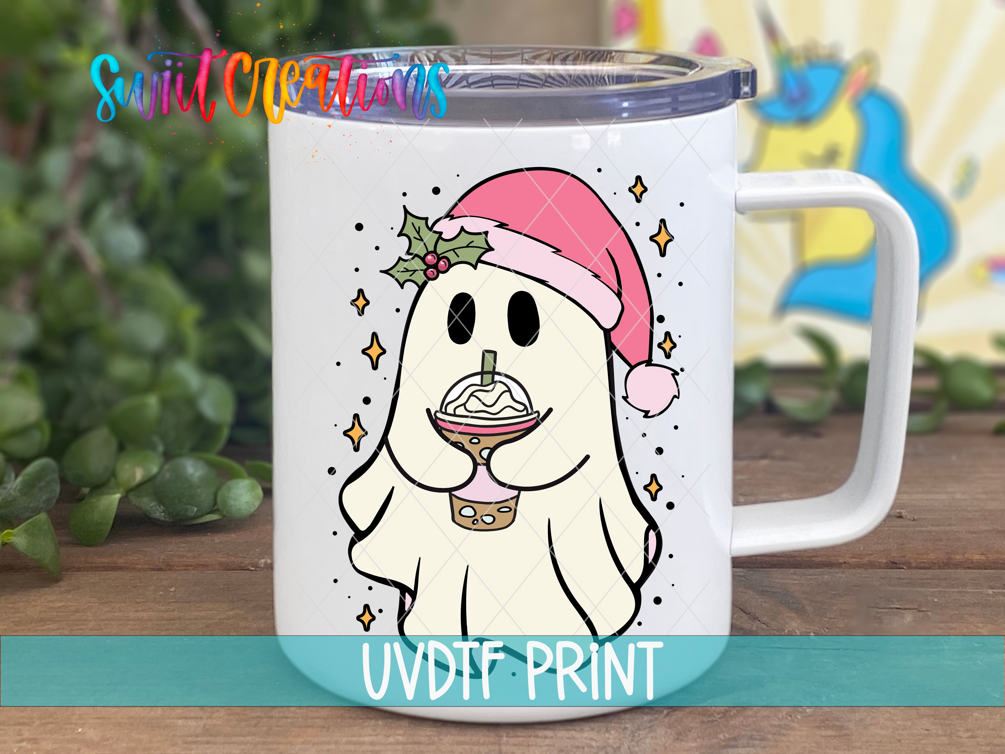 A mug with a cartoon ghost wearing a Santa hat and holding a drink, surrounded by stars and holly leaves.