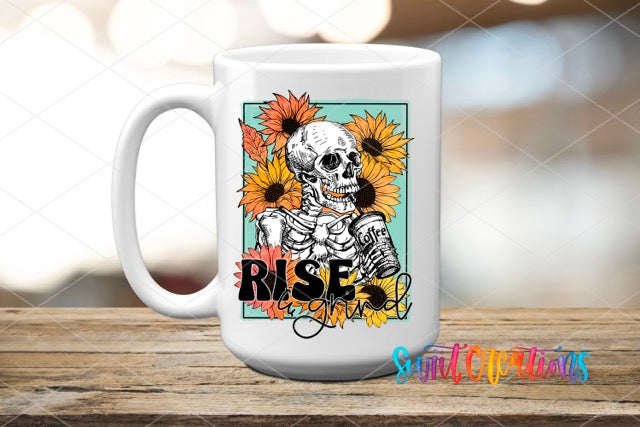 a coffee mug with a skeleton and sunflowers on it
