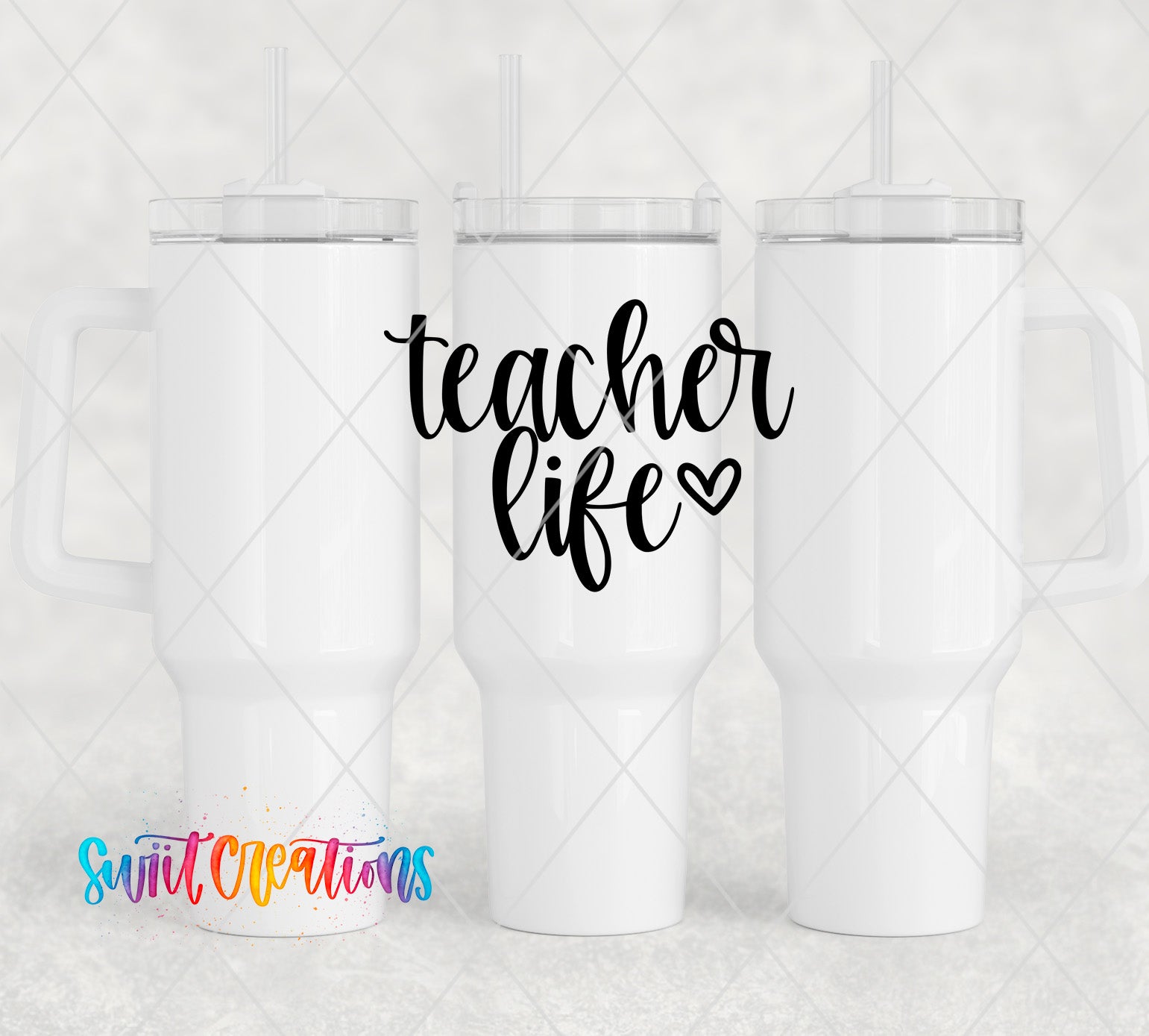two white tumblers with the words teacher life on them