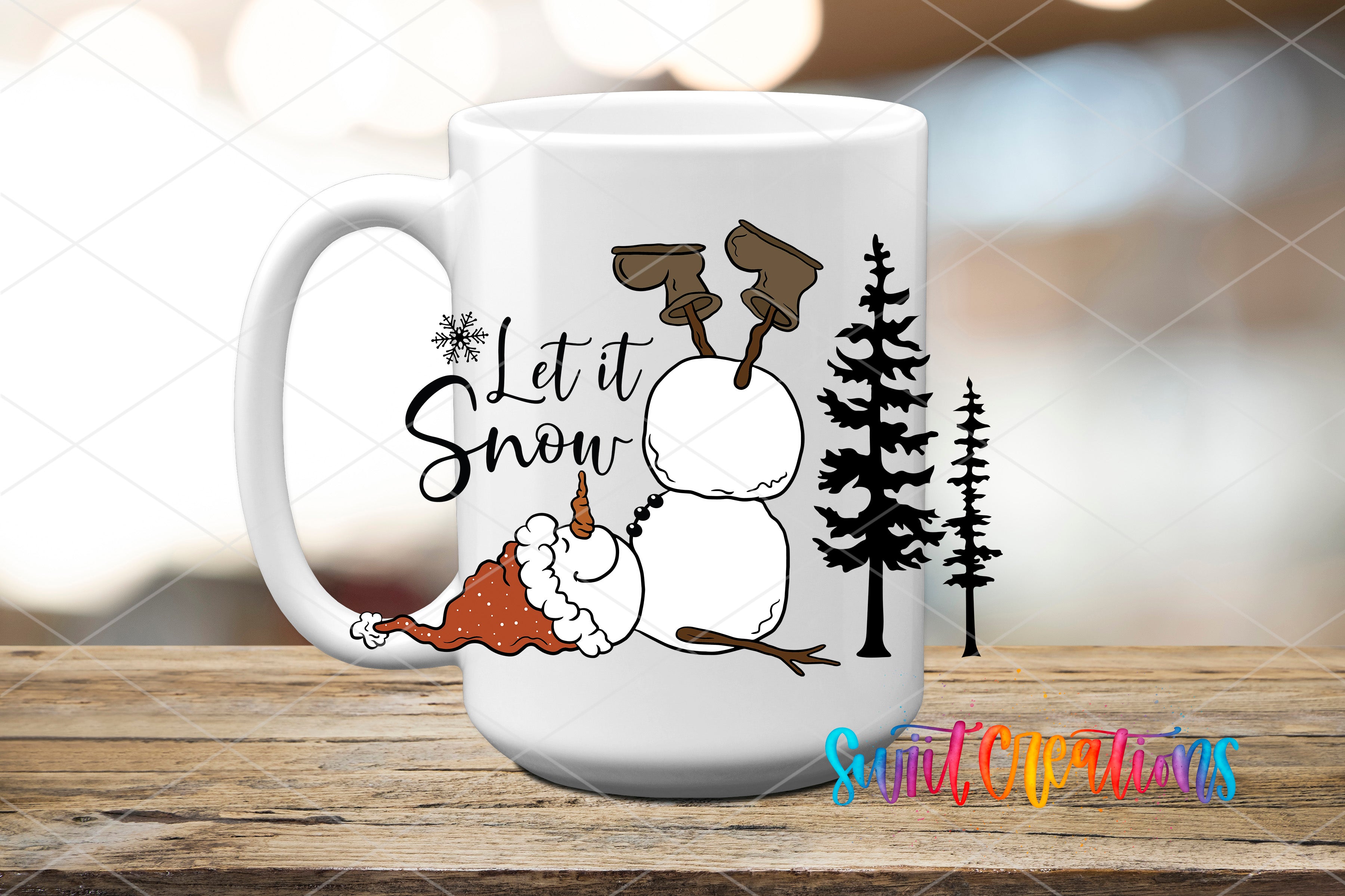 A white mug with a snowman and pine trees design, along with the text "Let it Snow" printed on it.