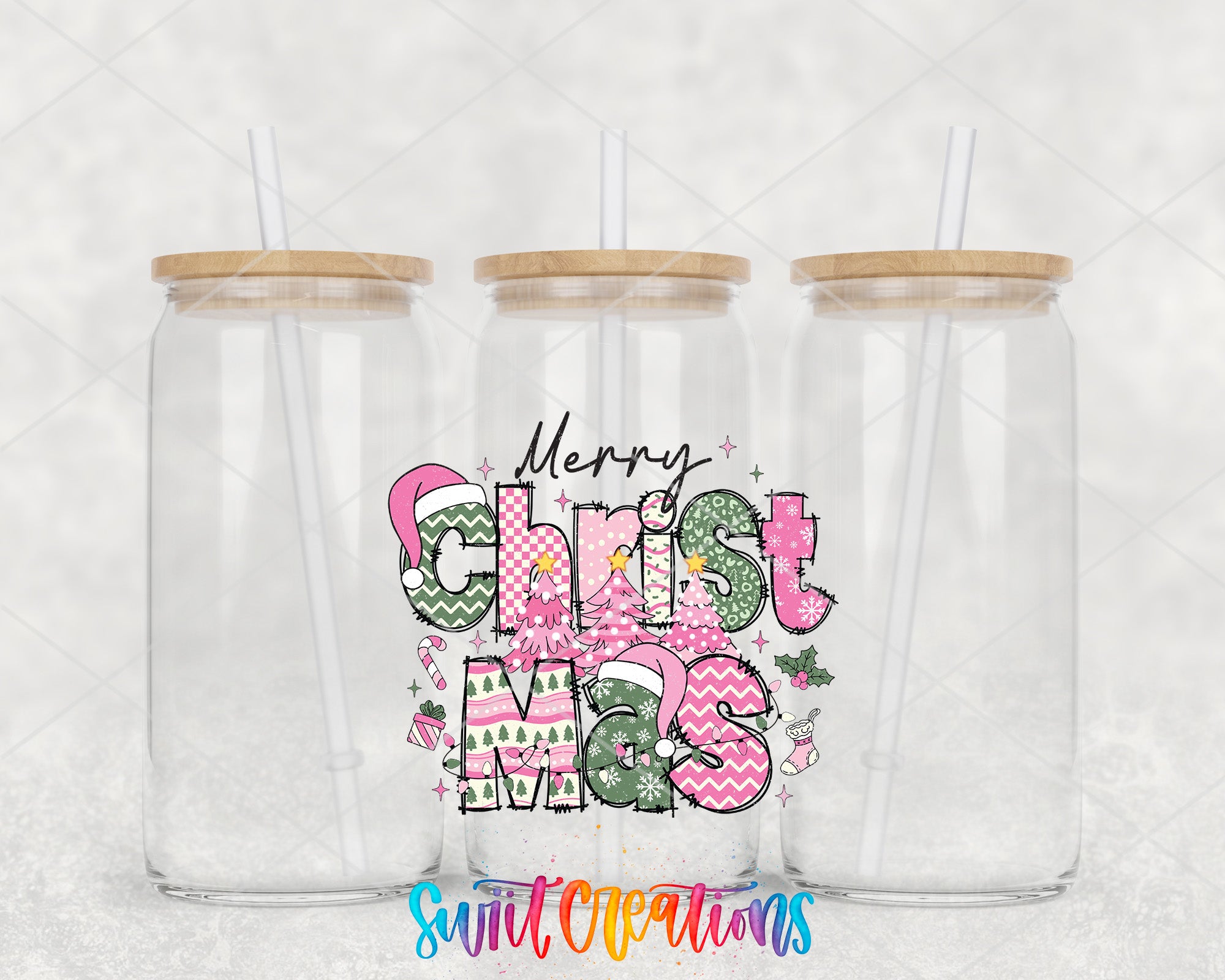 two clear tumblers with merry christmas designs on them