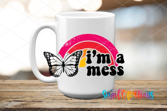 a white coffee mug with the words i'm a mess on it