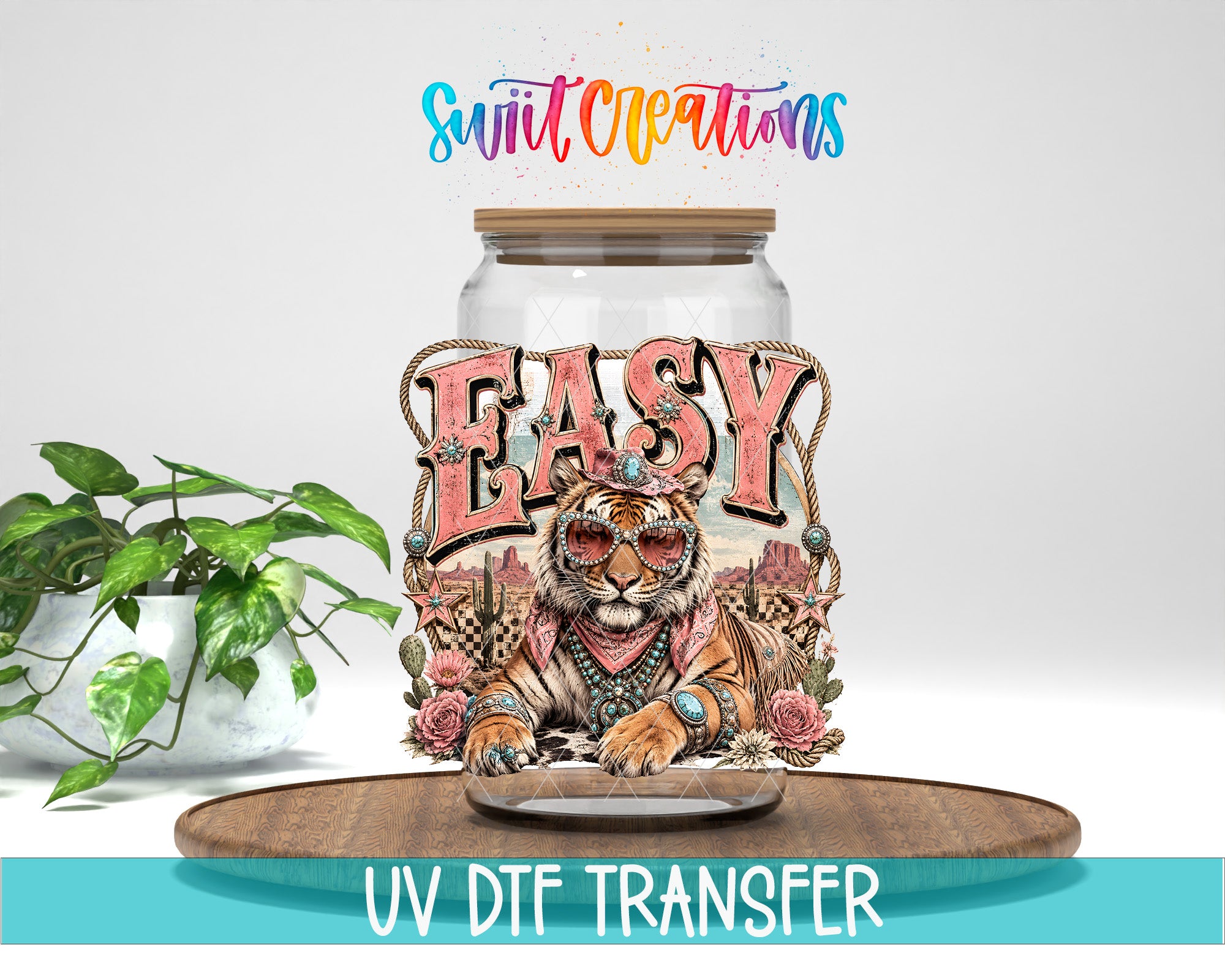 a tiger wearing sunglasses and a bandana, with the word "EASY" written on a jar in front of it. The background includes a plant and a wooden tray.