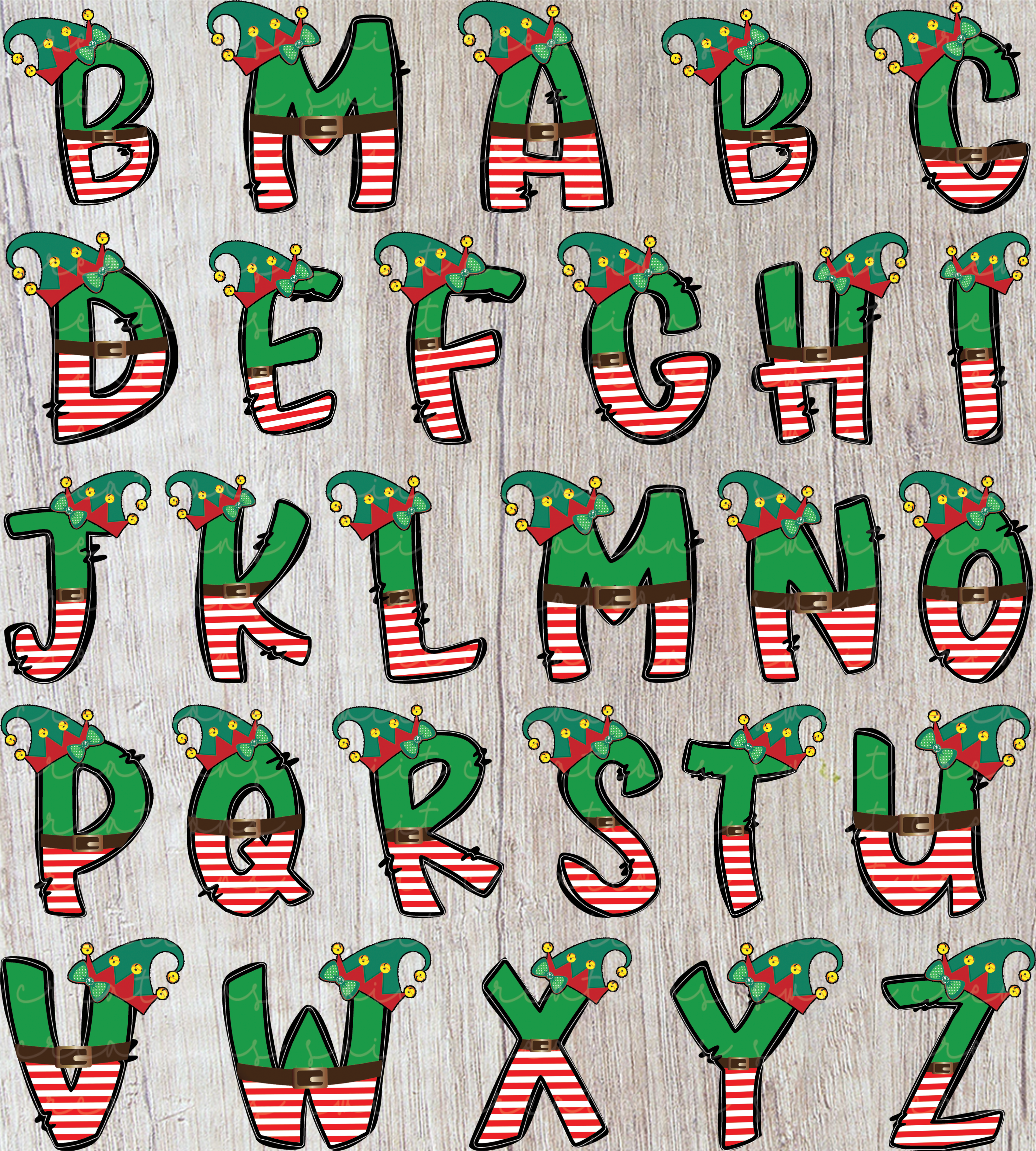 a collection of Christmas-themed letters, each with a festive elf hat on top. The letters are arranged in a grid-like pattern, creating a visually appealing and playful design.