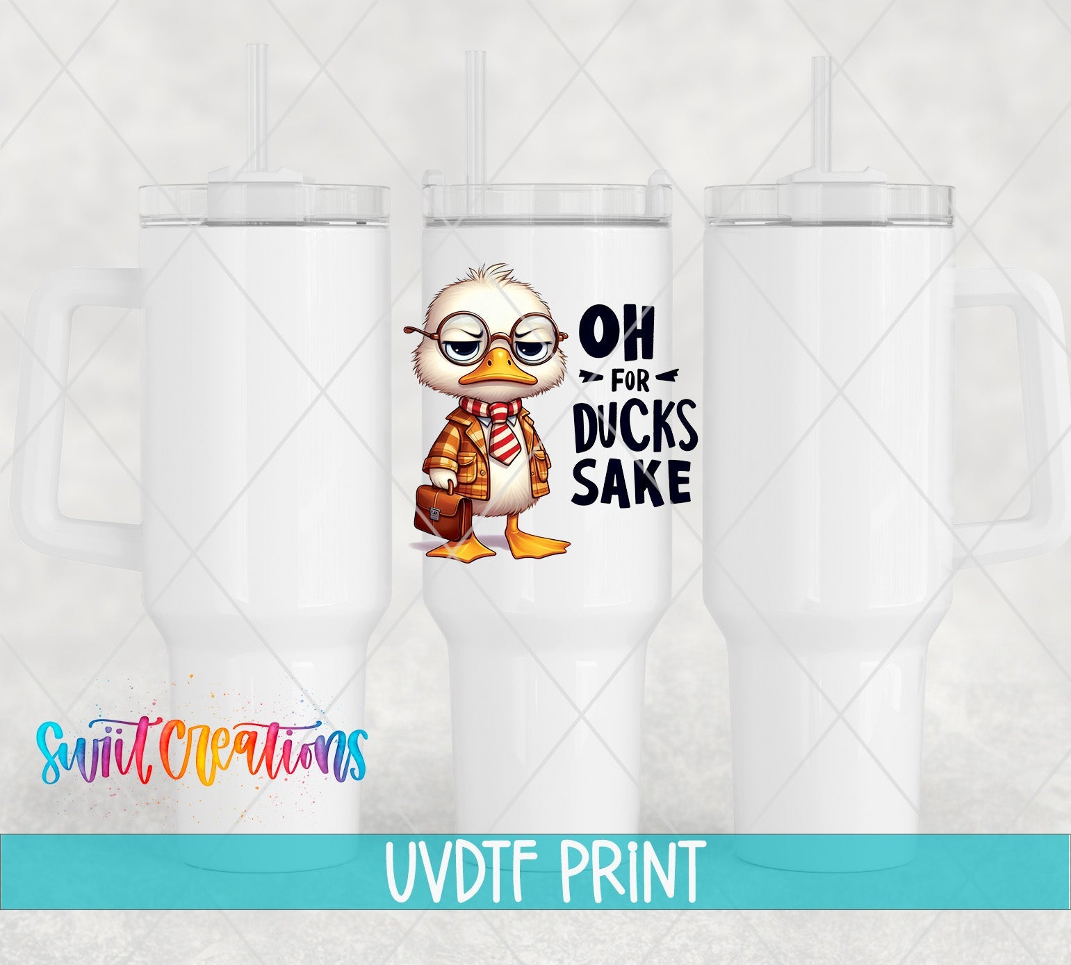 a white tumbler with a duck wearing glasses