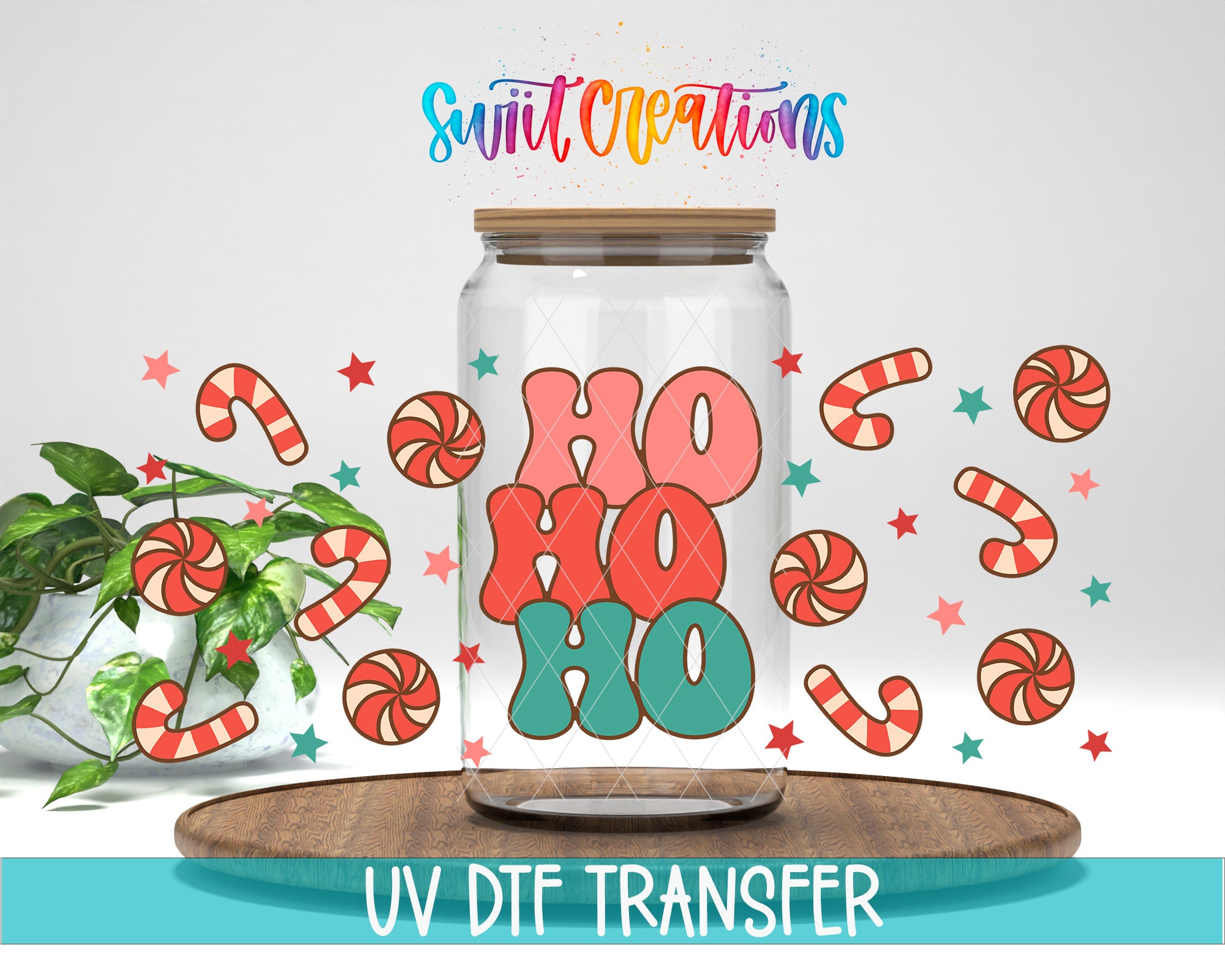 a glass jar with a label that says "HO HO HO" surrounded by various candy and star-shaped decorations.
