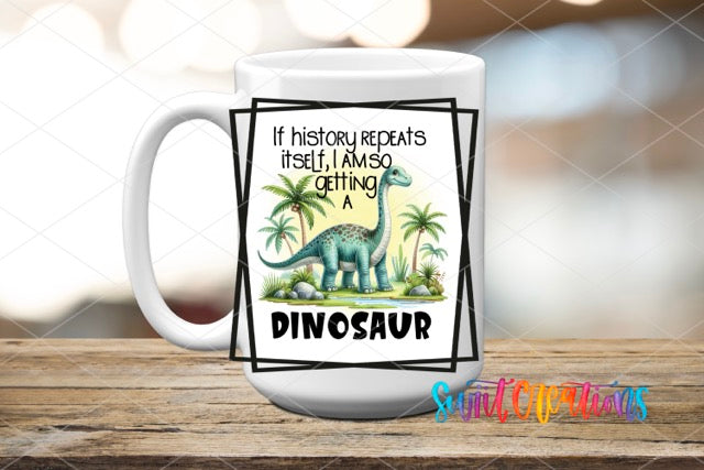 a white coffee mug with a dinosaur on it