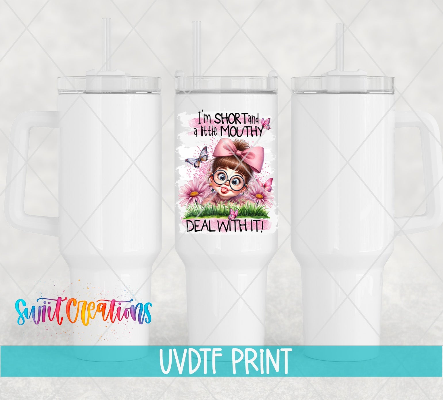 a white tumbler with a picture of a girl on it