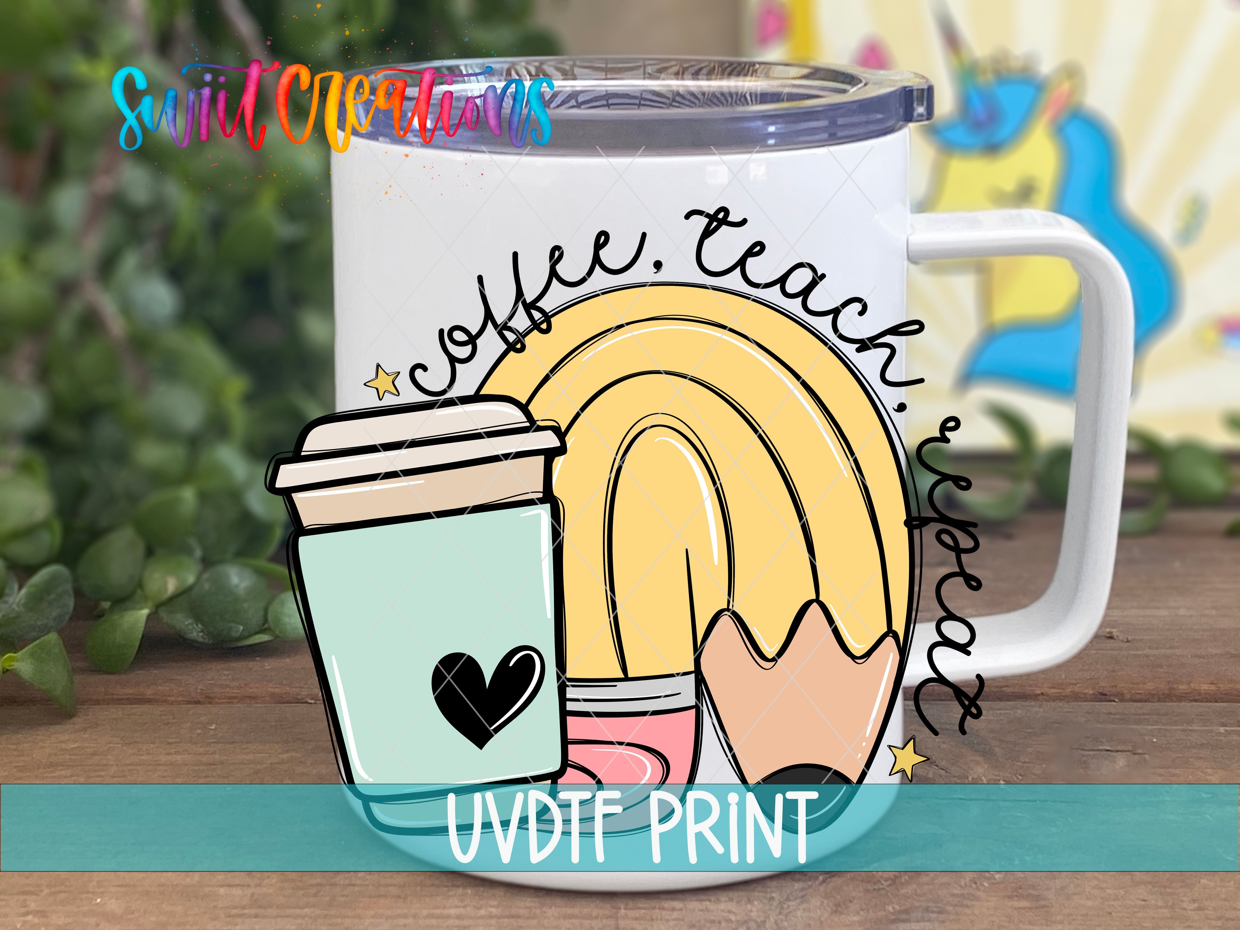 a coffee mug with a picture of a cup of coffee and a pencil