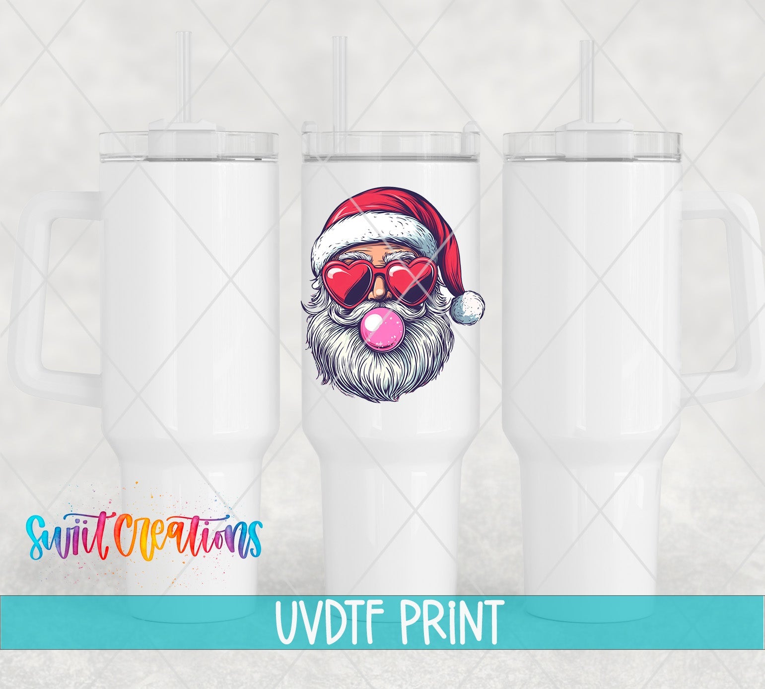 a santa claus mug with a santa hat and sunglasses