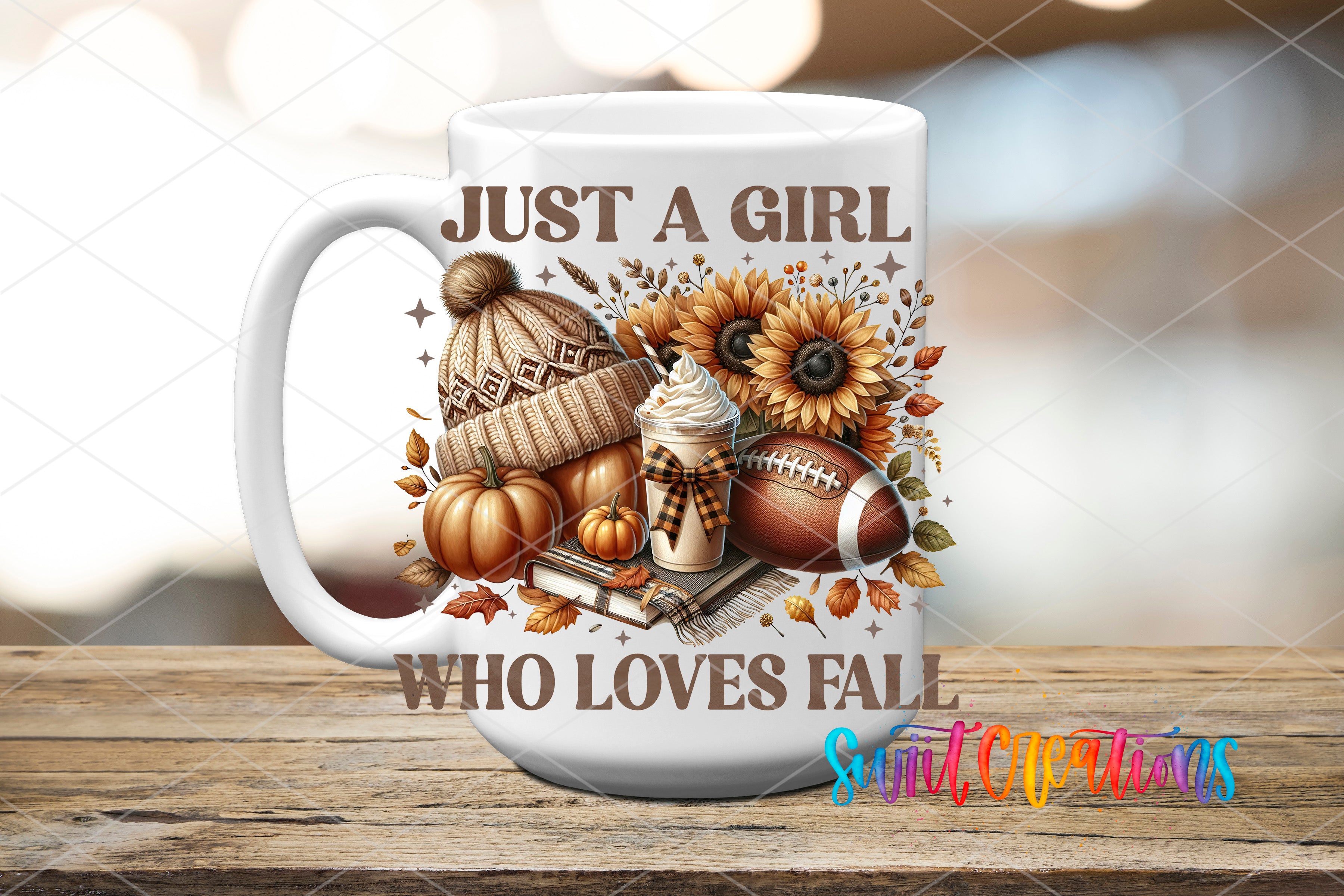A white mug with a printed design featuring autumn-themed items such as a hat, sunflowers, pumpkins, and a football. The text on the mug reads "Just a girl who loves fall".