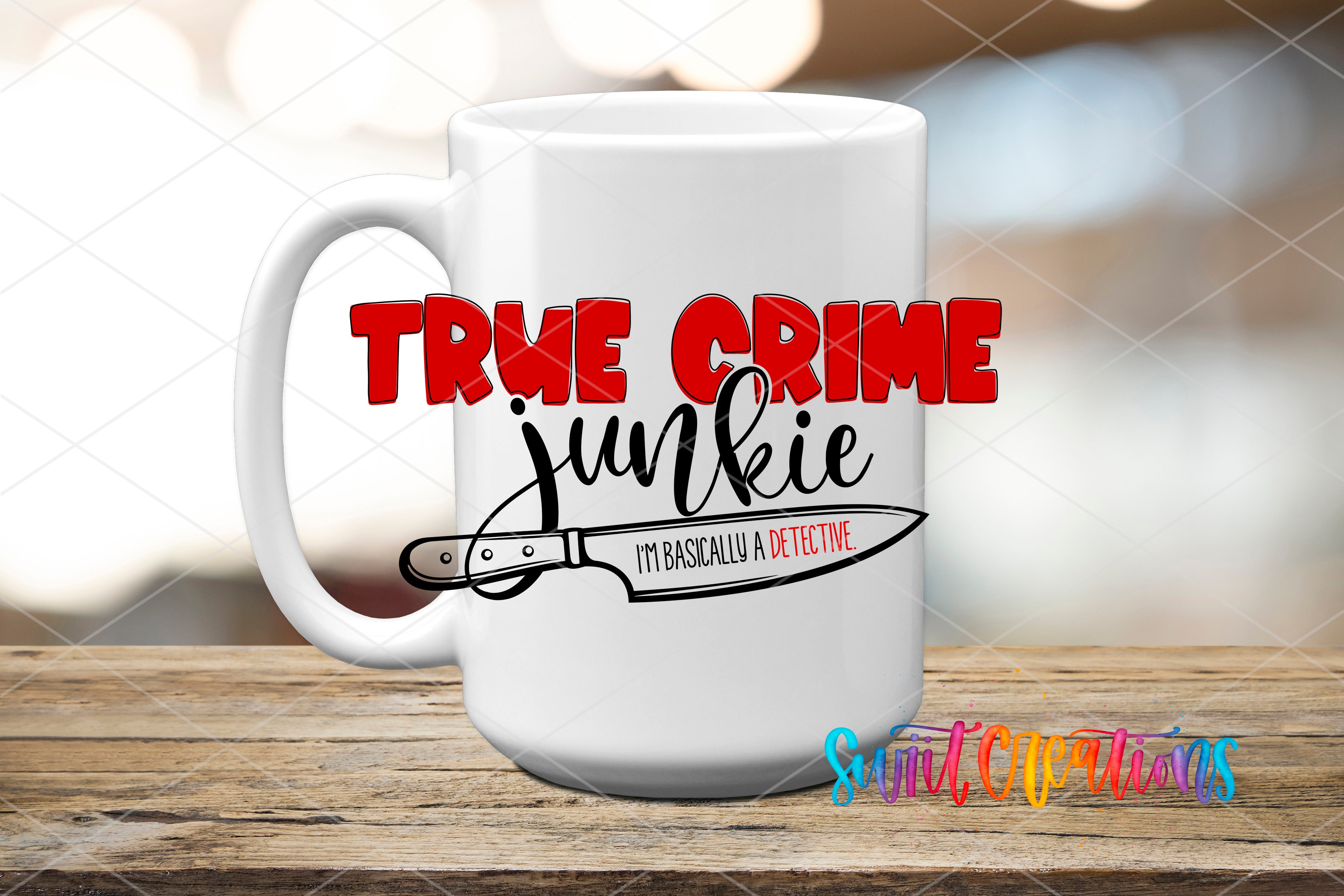 A white mug with a red and black design featuring the text "TRUE CRIME JUNKIE" and a graphic of a knife.