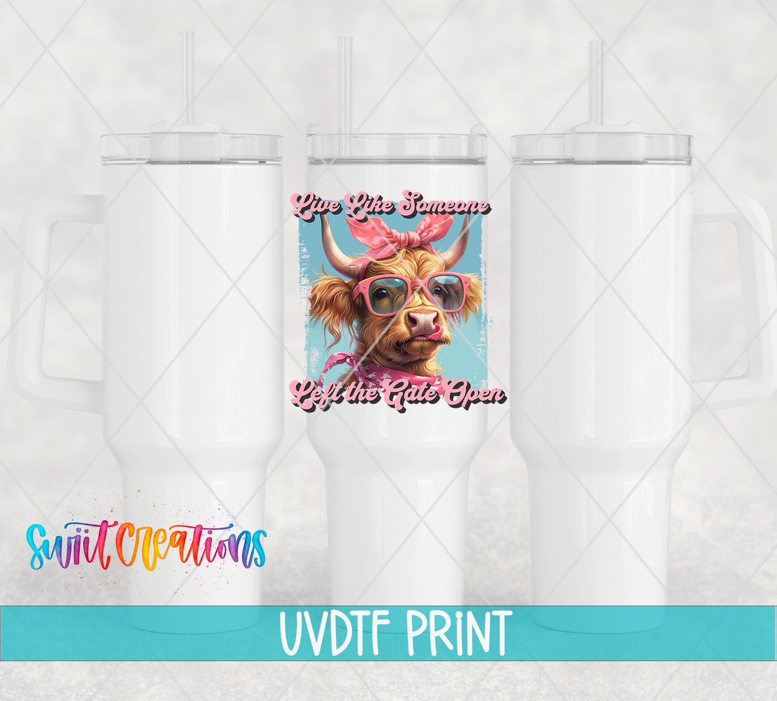 a cow wearing sunglasses and a pink bow tie, with the text "Live Like Someone Loves You" and "Let the Gate Open" printed on it.