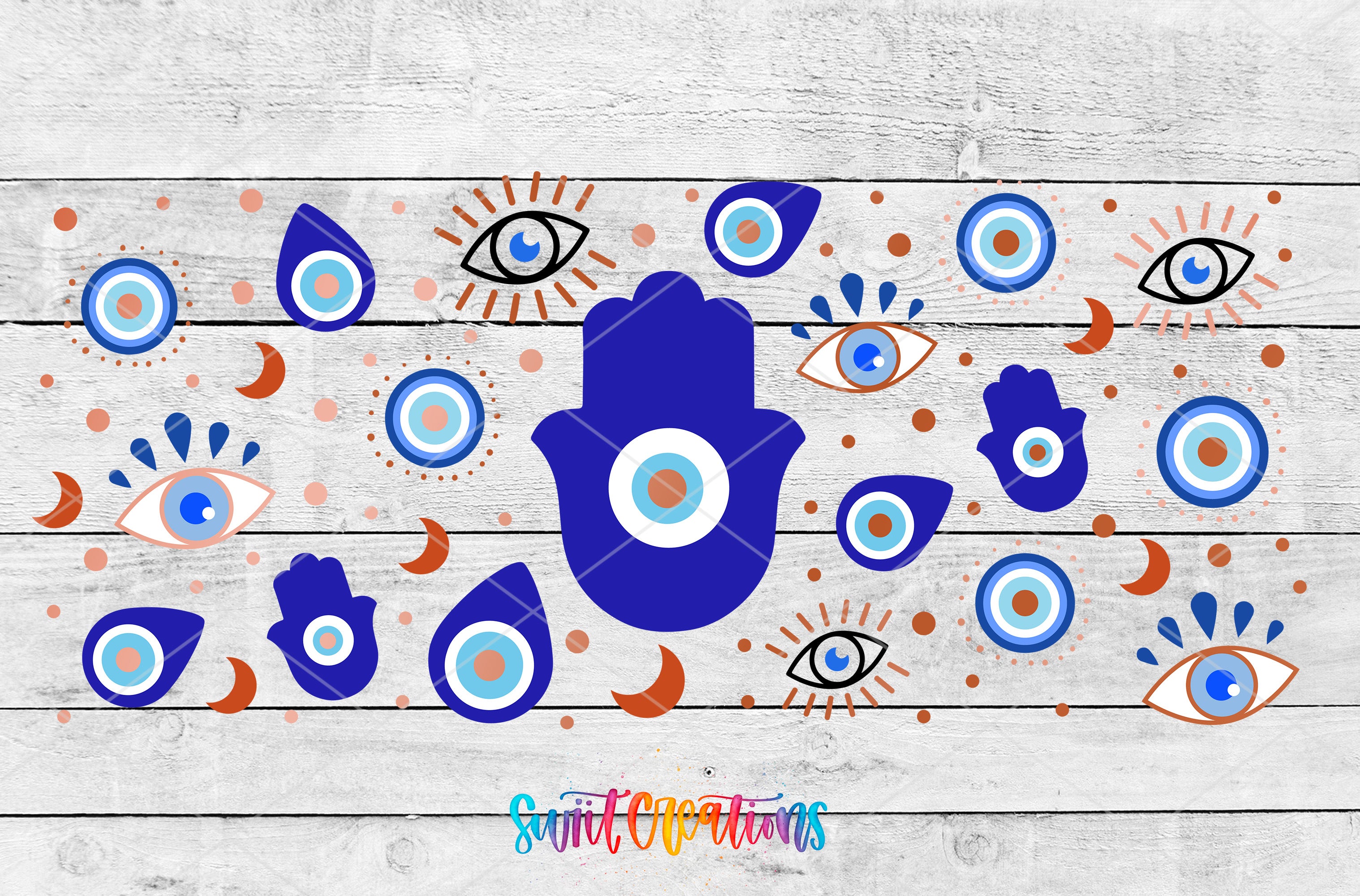 The image is a collage of various eye-related symbols and designs, including eyes, hands, and crescent moons, all set against a white wooden background.