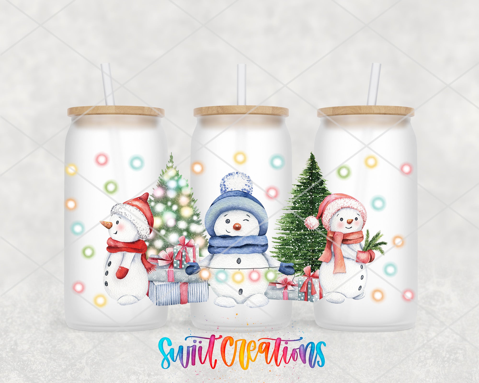 A collage of three snowman-themed drink tumblers, each featuring a snowman holding presents and a Christmas tree.