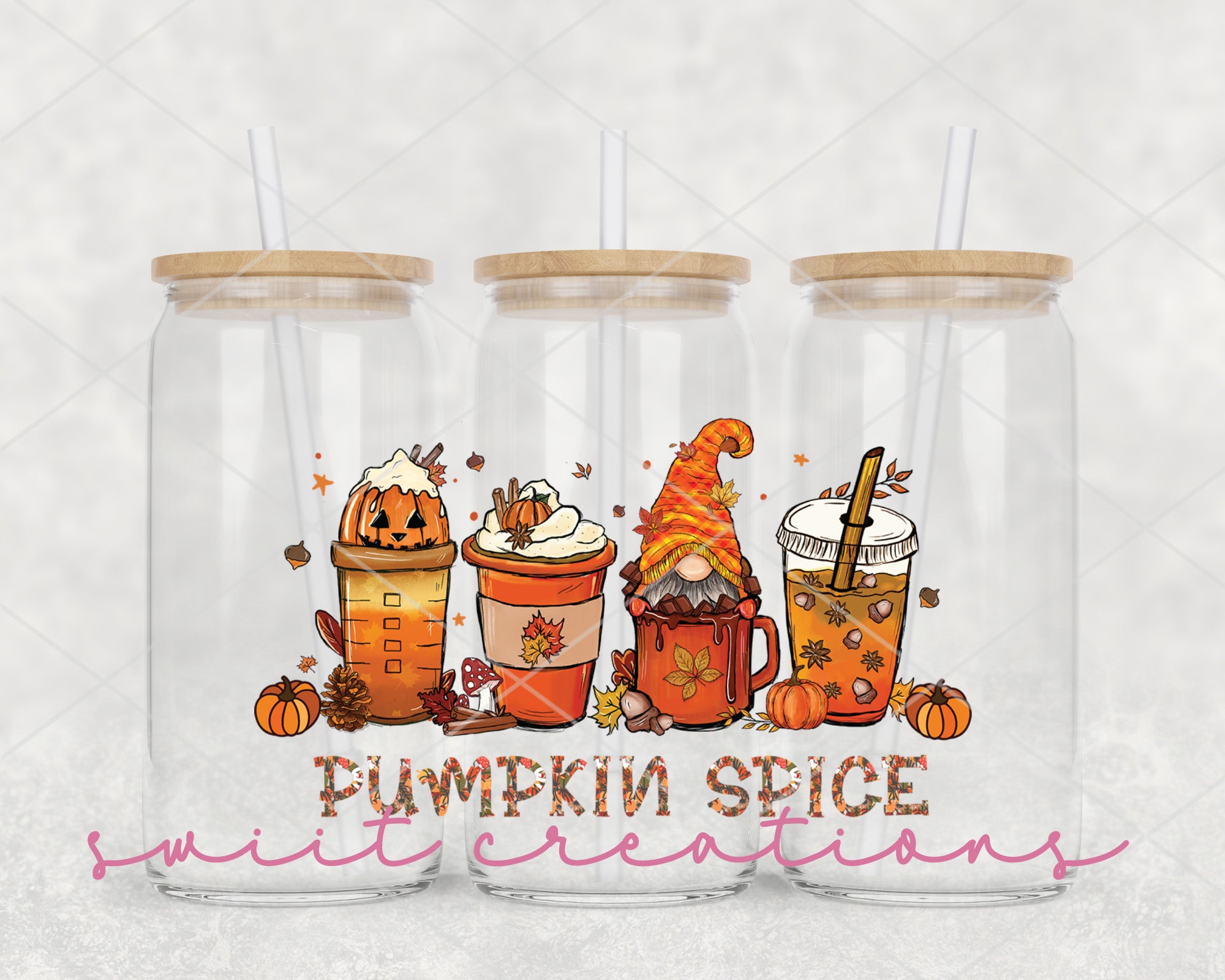 a set of three tumblers with a pumpkin spice design