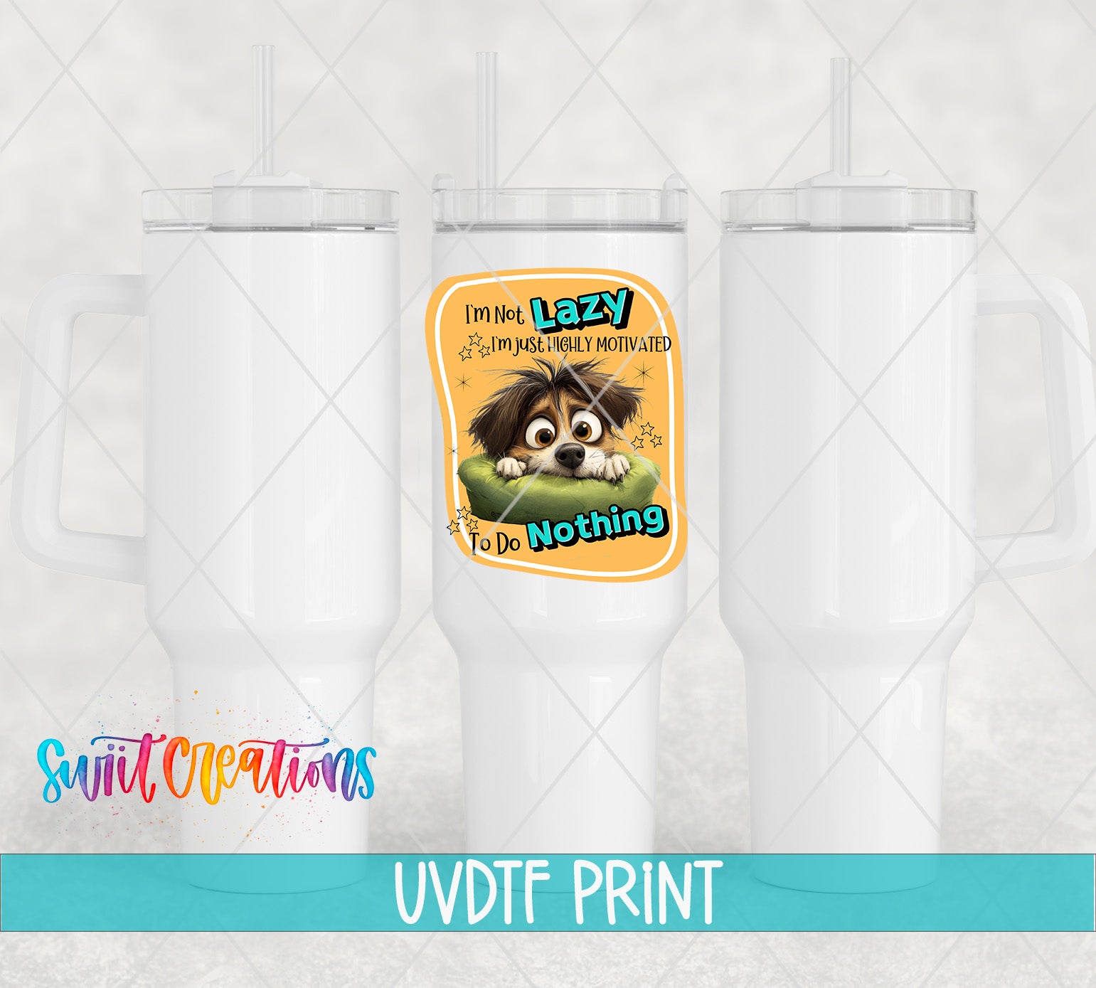 a white tumbler with a picture of a dog on it