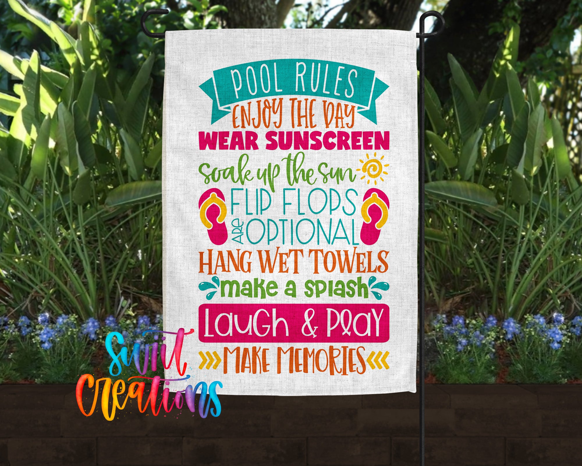 a colorful sign with text that appears to be a list of pool rules, placed in front of a garden with plants and flowers.