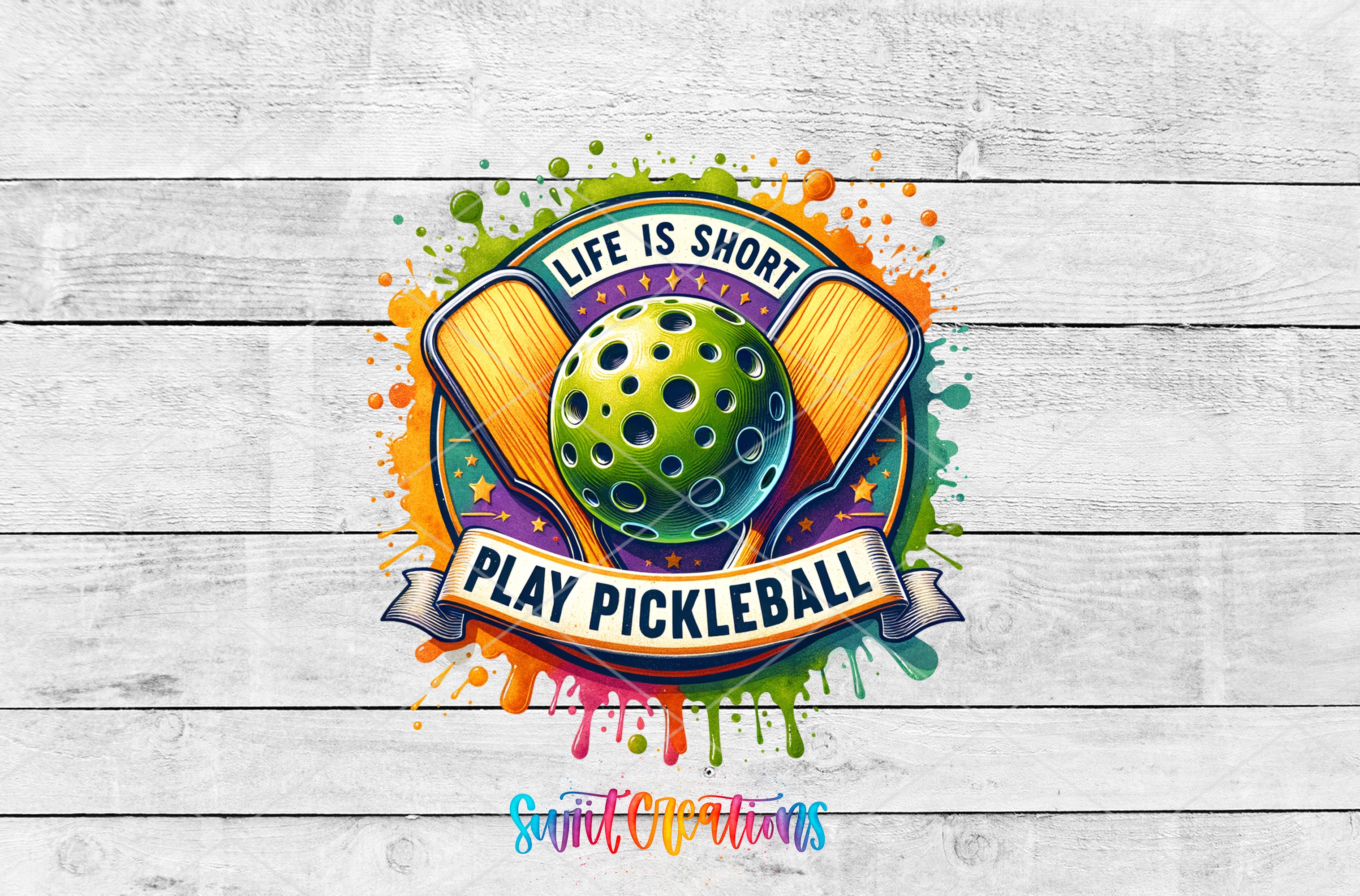 a vibrant and colorful logo for a company called "Play Pickleball". The logo includes a green ball surrounded by splashes of various colors, and two yellow paddles, all set against a white background. The text "Life is short, play pickleball" is prominently displayed, along with the company's name "Swift Operations".