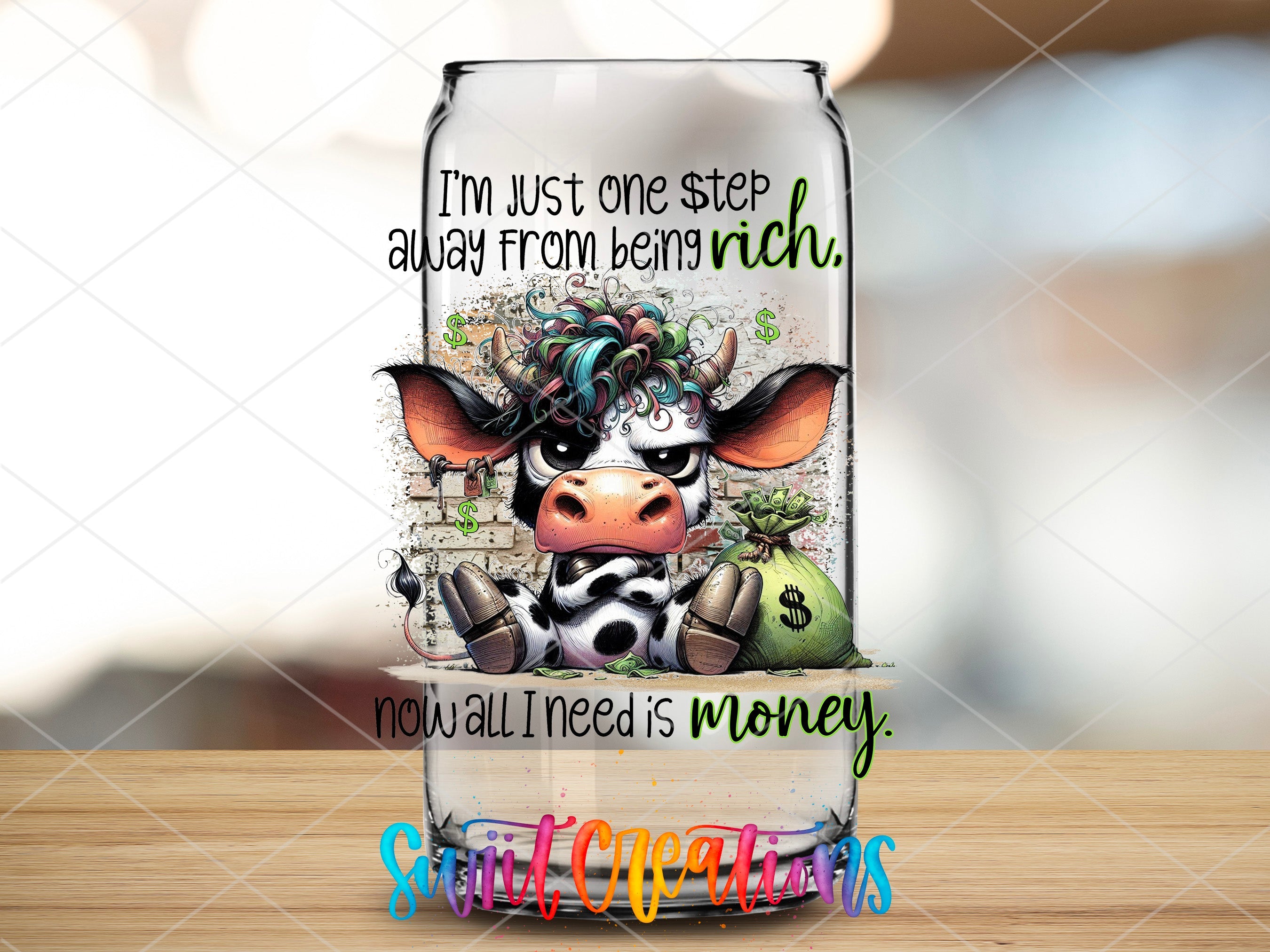a glass with a picture of a cow on it