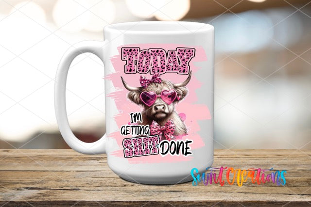 a coffee mug with a cow wearing sunglasses
