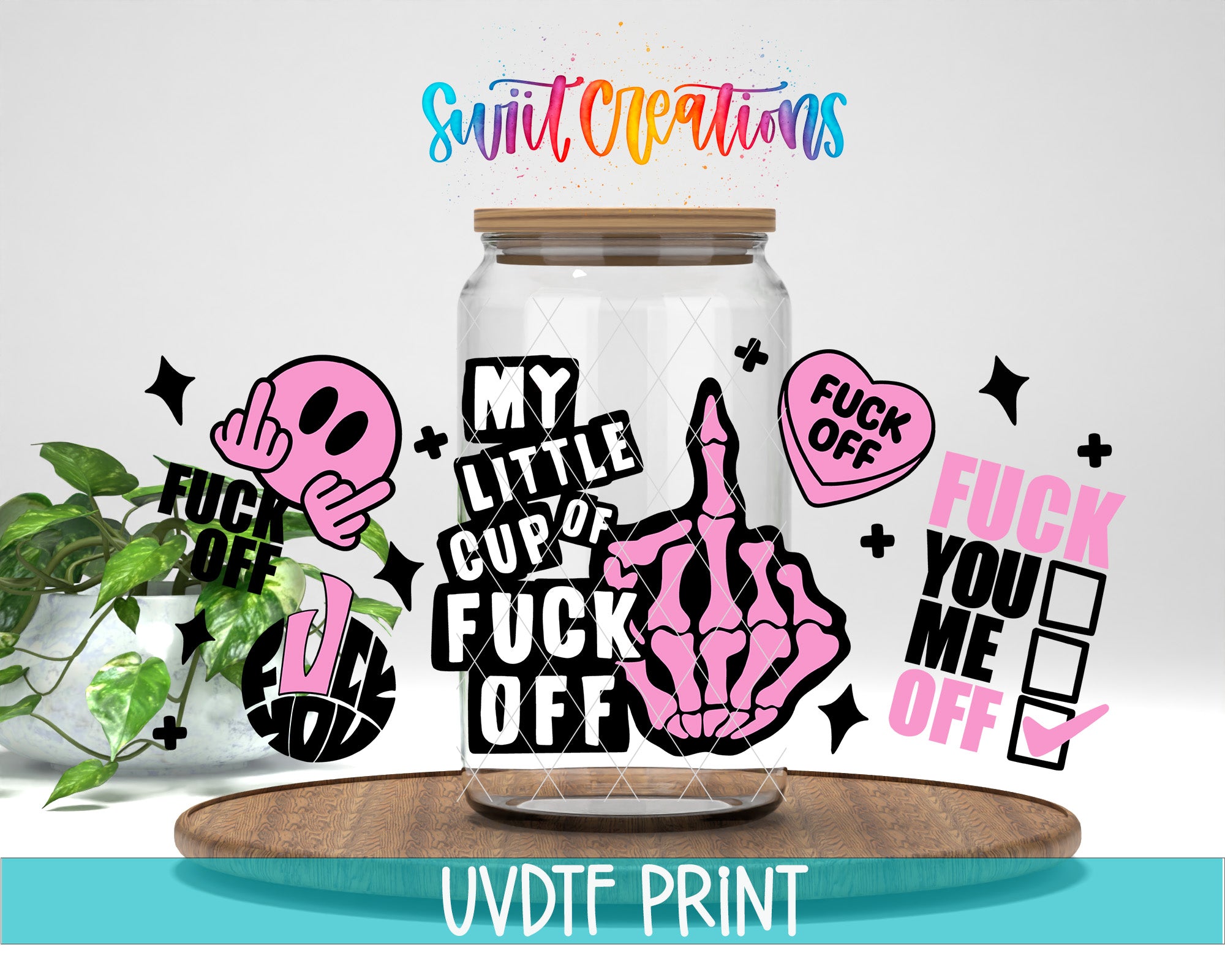 The image is a collage of various stickers and graphics, including a skeleton hand, a cup of coffee, and other offensive language and symbols.