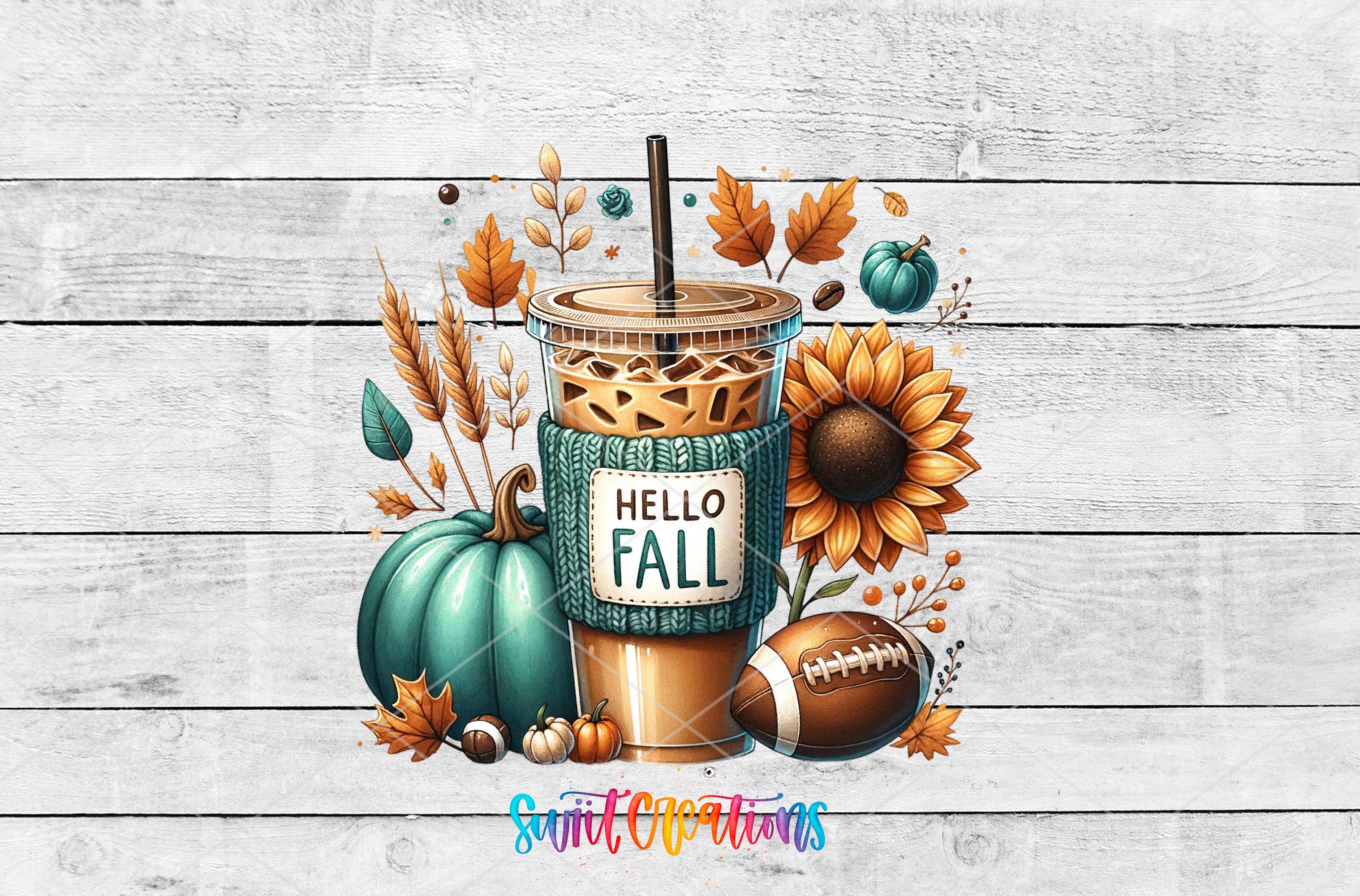 A colorful illustration featuring a coffee drink surrounded by autumn-themed objects such as pumpkins, sunflowers, and a football.