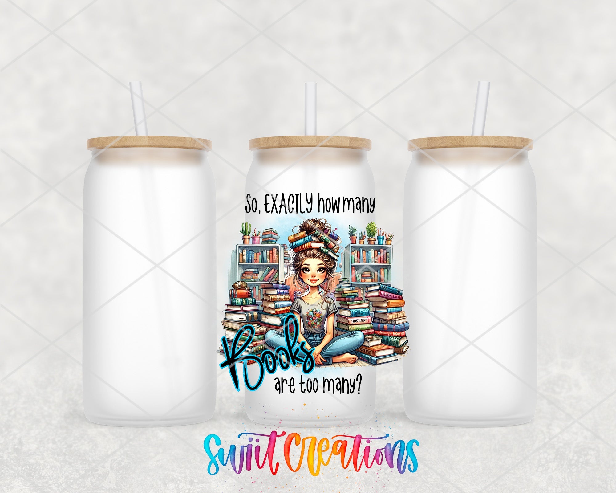 two white tumblers with a picture of a woman sitting on a pile of books