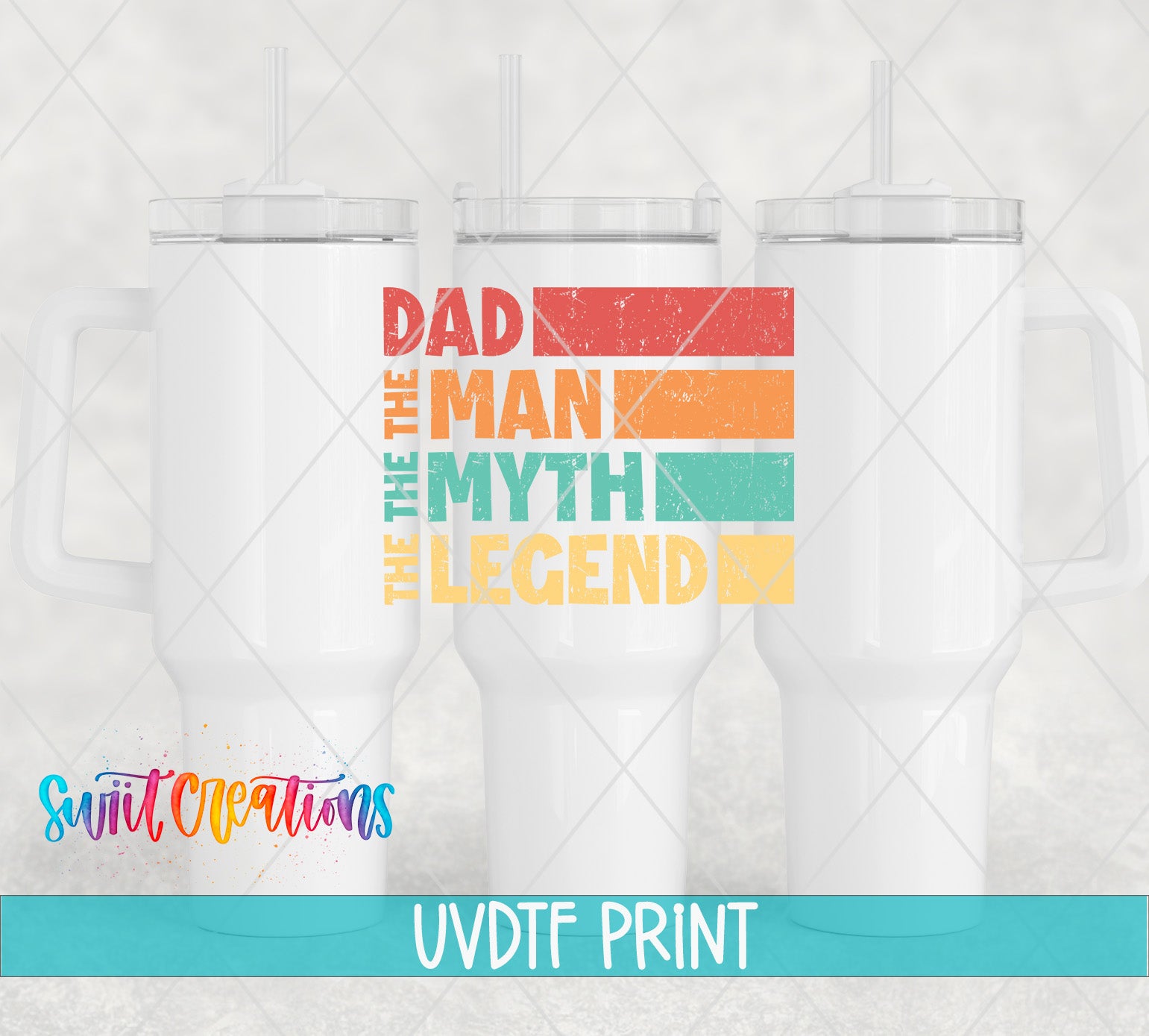 a set of three white tumblers with colorful text printed on them, which appears to be a promotional or marketing material for a product or service.