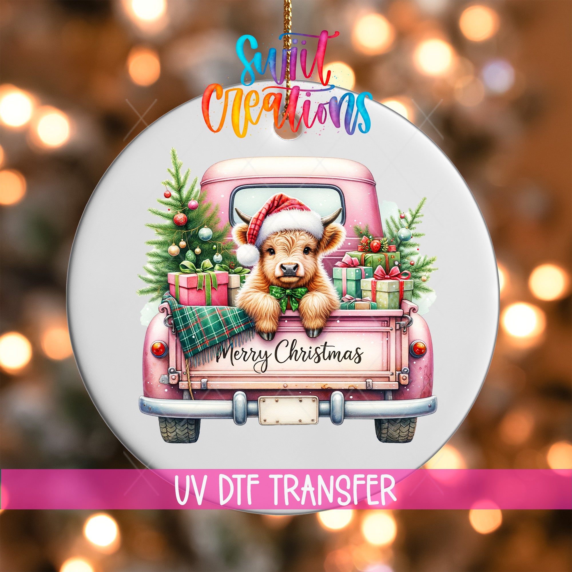 A Christmas ornament featuring a dog in a pink truck, surrounded by presents and a Christmas tree.