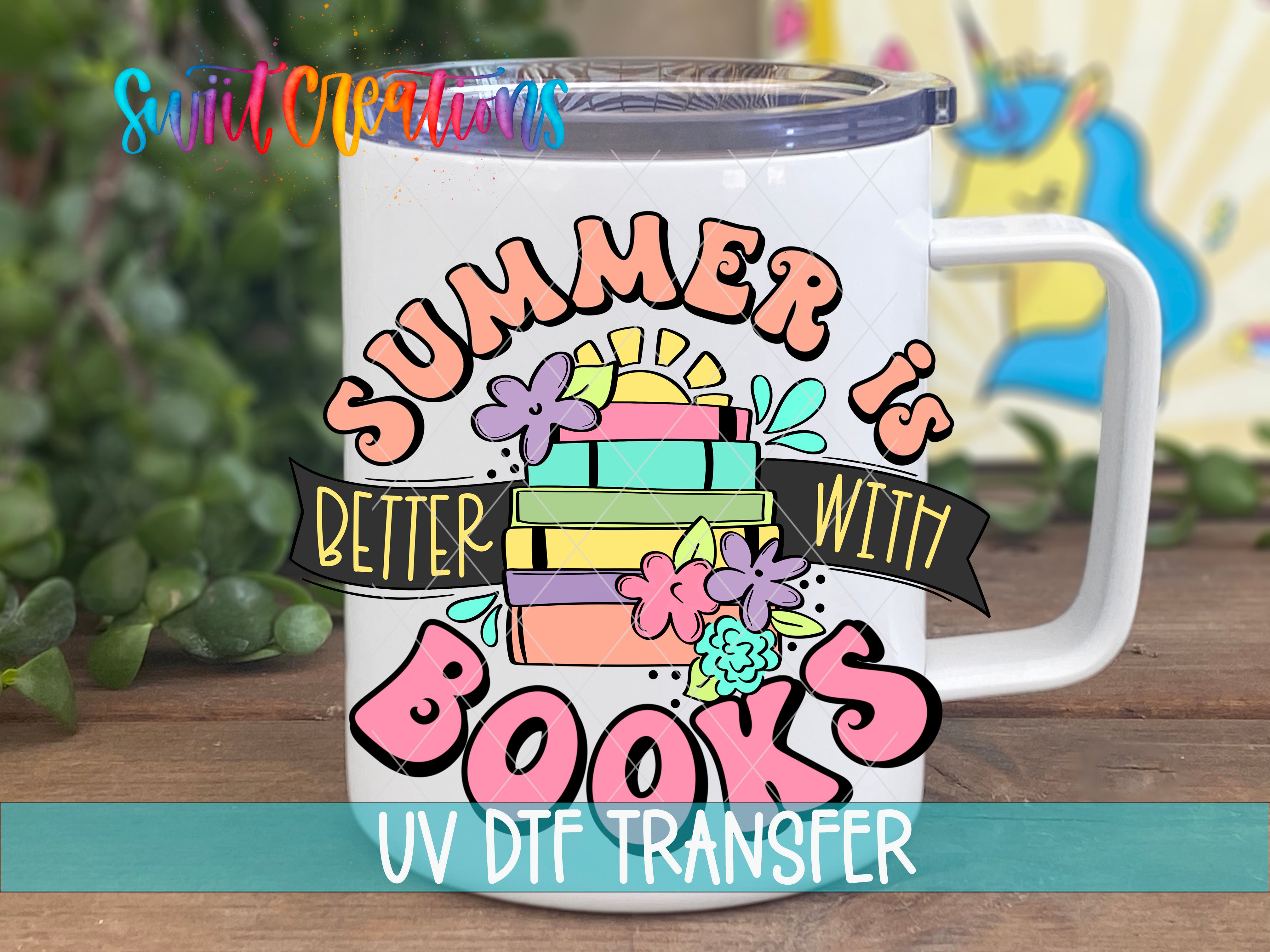 A white mug with a colorful design featuring the text "Summer is better with books" and various illustrations related to summer, such as flowers and books.