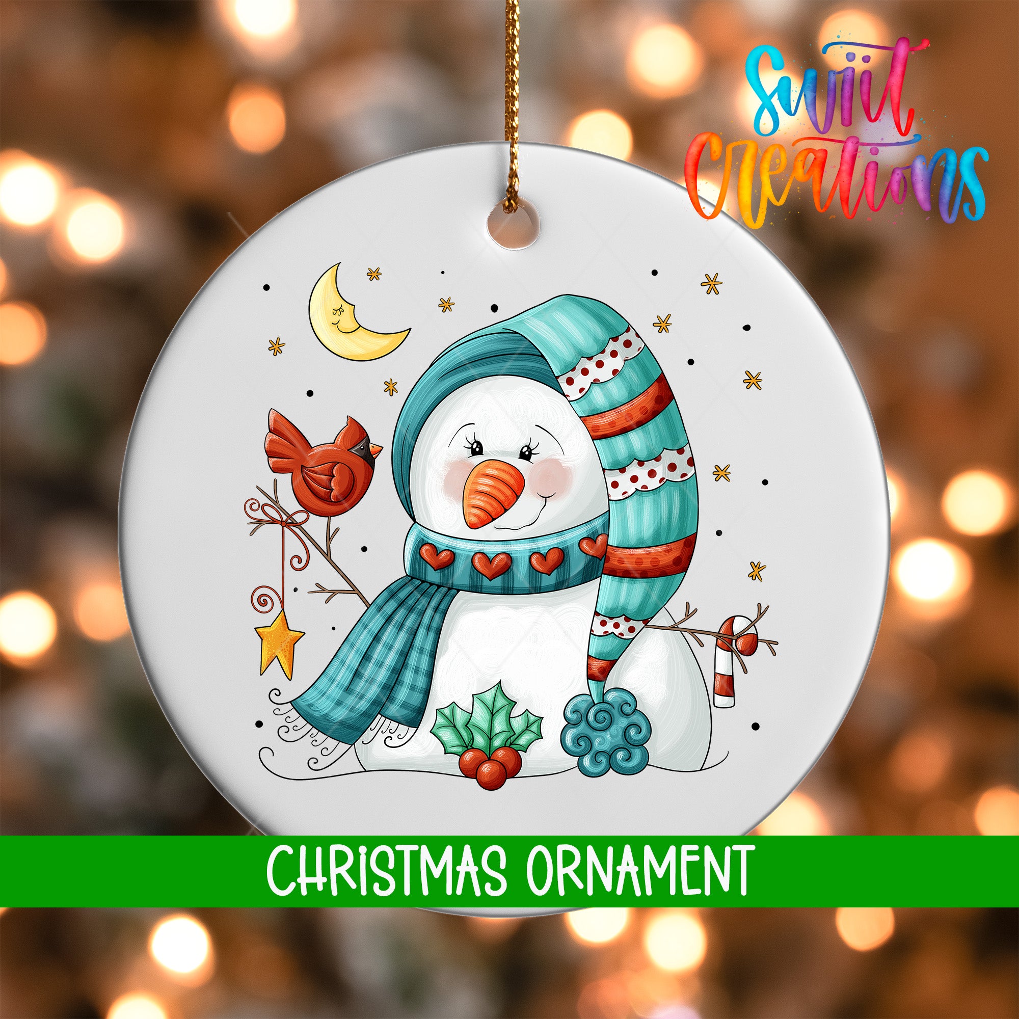 A white Christmas ornament featuring a snowman with a scarf, a bird, and various other winter-themed elements.