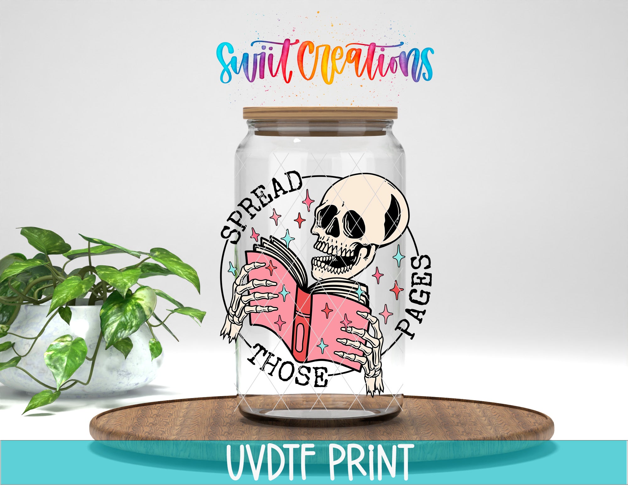 a glass jar with a skeleton holding a book, surrounded by colorful text and graphics.