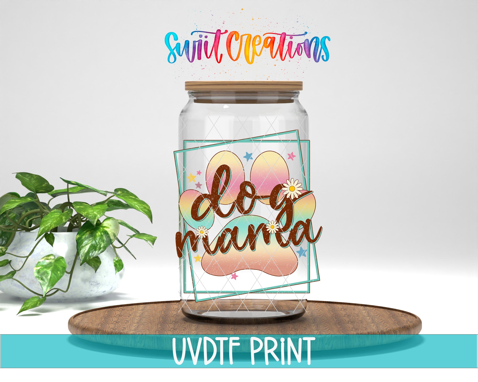 a glass jar with a picture of a dog's paw on it