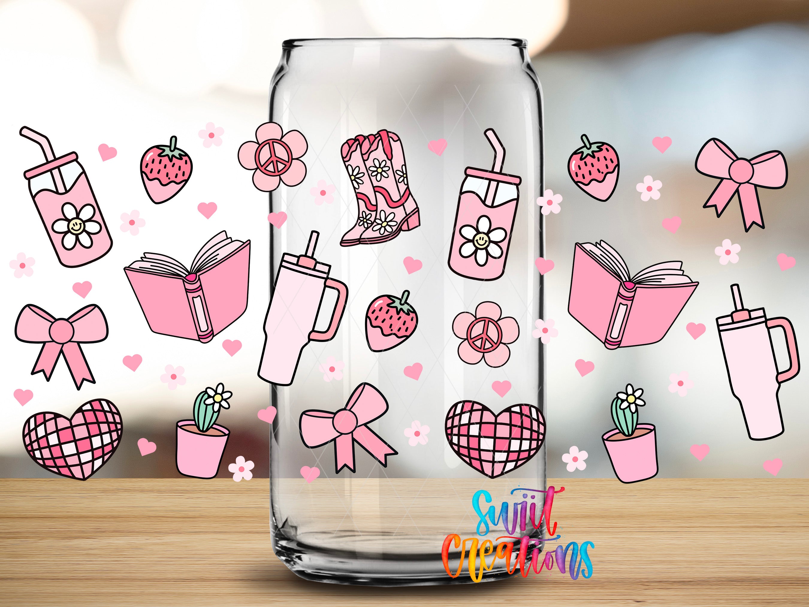 a glass jar filled with various pink and white illustrations, including a straw, a book, a heart, a cup, a strawberry, and other whimsical objects.