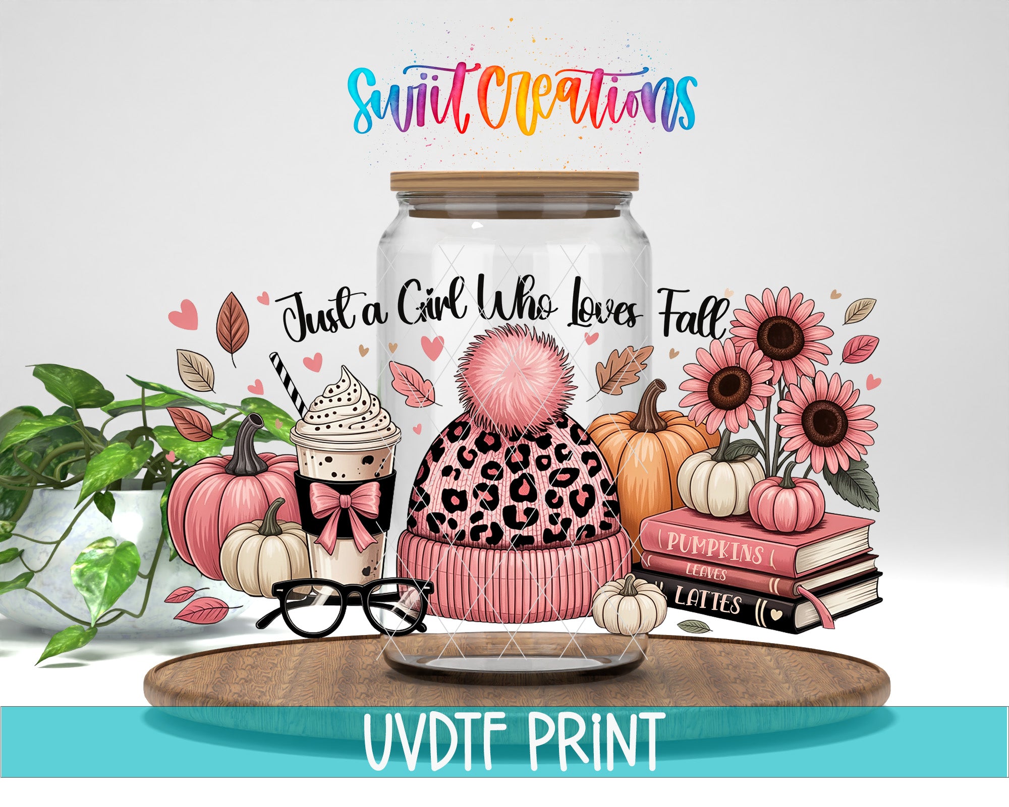 The image is a colorful illustration featuring a glass jar with various fall-themed items, including pumpkins, flowers, and a leopard print hat.