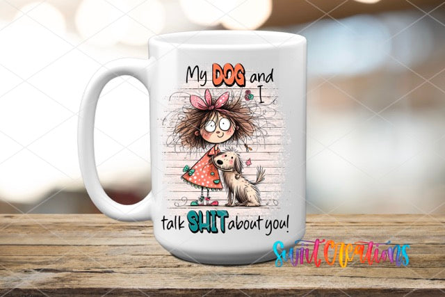 a white coffee mug with a girl and a dog on it